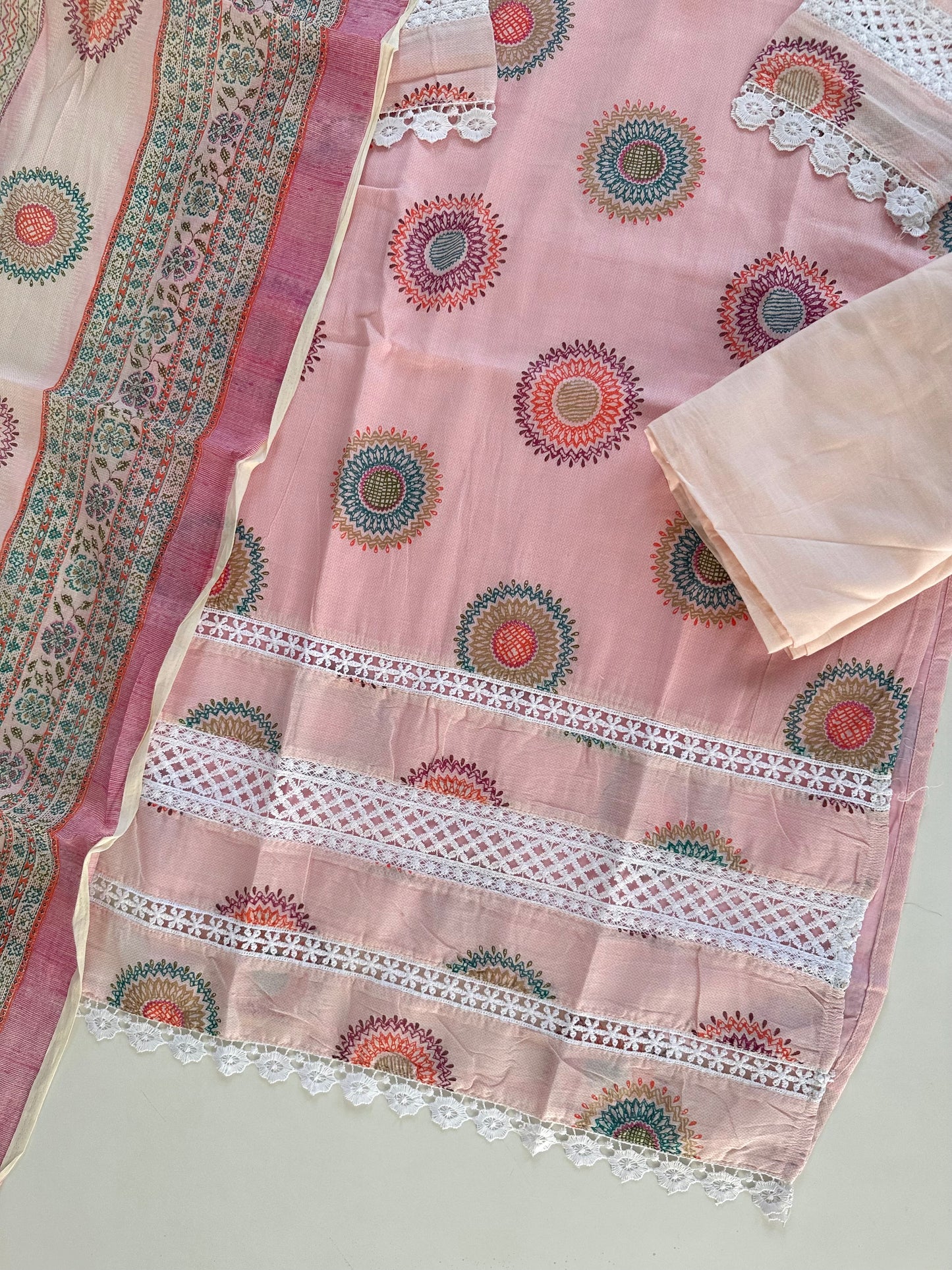 K420 - Cotton embroidered straight Kurti with pants and dupatta in 2 colours