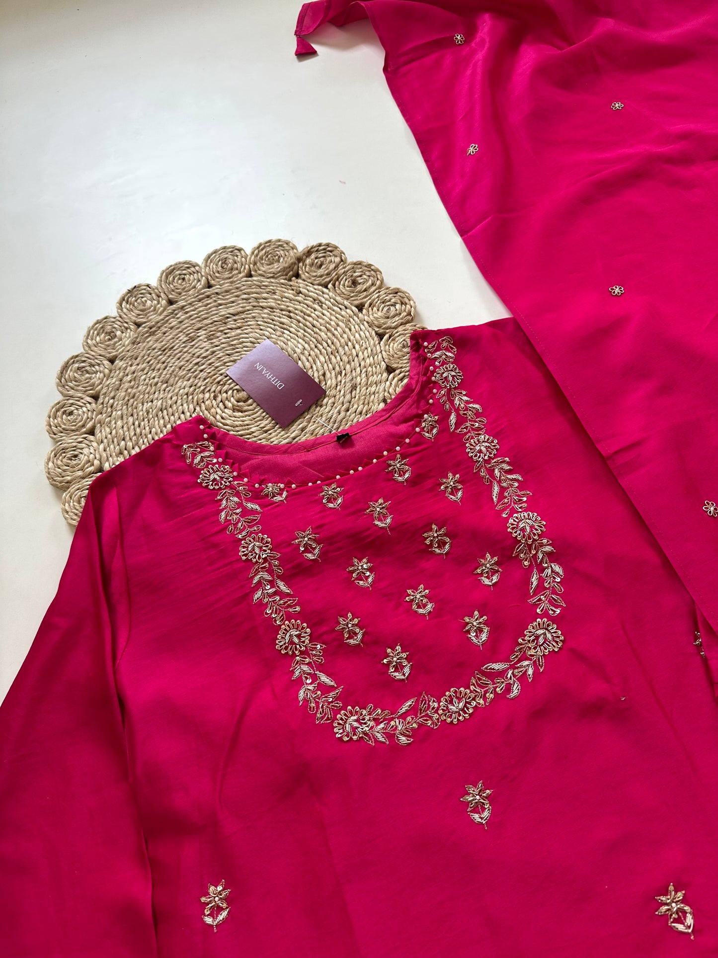 K147 - Zardosi Abuthai silk Aline kurti with pants and dupatta.