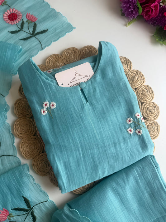 K629 - Mul chanderi 3D embroidered straight Kurti with pants and dupatta
