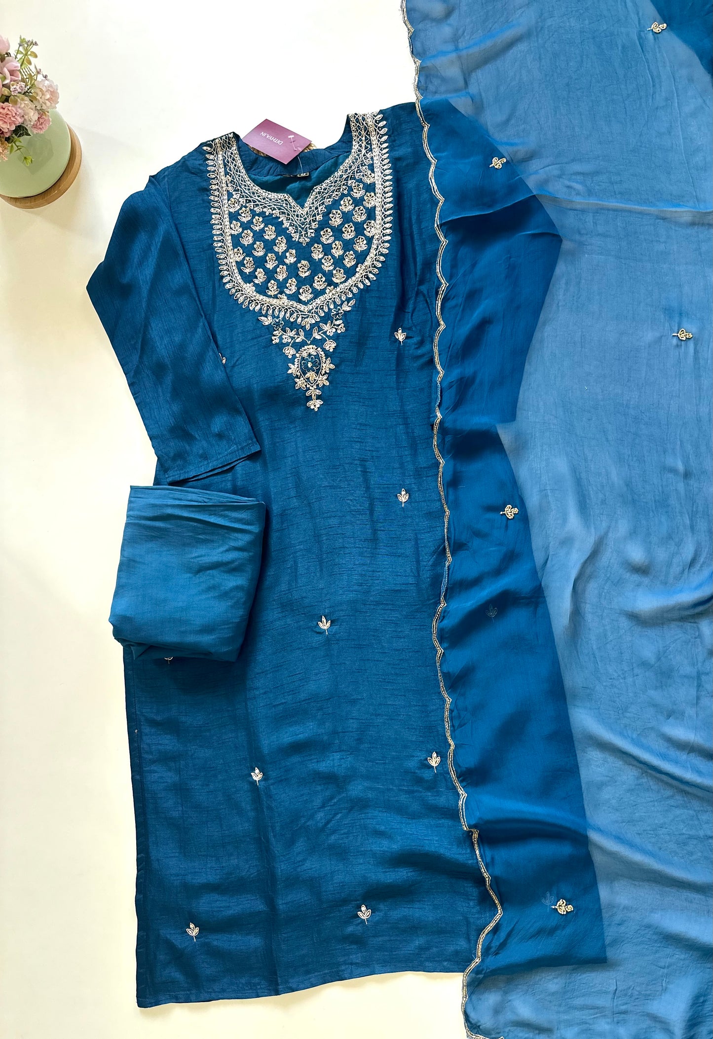 K242 - Russian silk Zardosi work straight kurti with pants and organza dupatta .