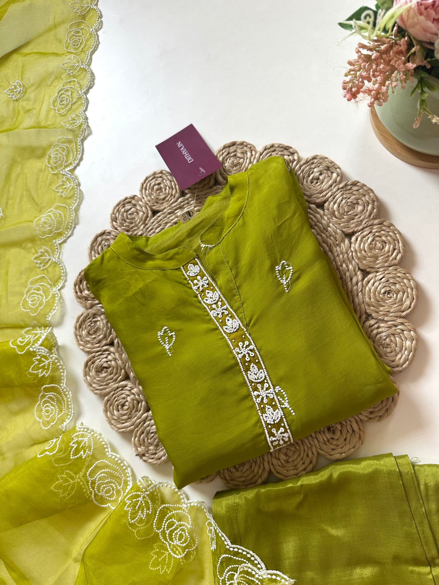 K263 - Viscose organza Embroidered straight kurti with pants and dupatta .