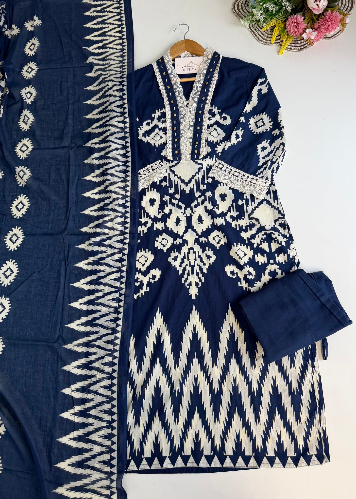 K648 - Mul cotton embroidered straight Kurti with pants and dupatta