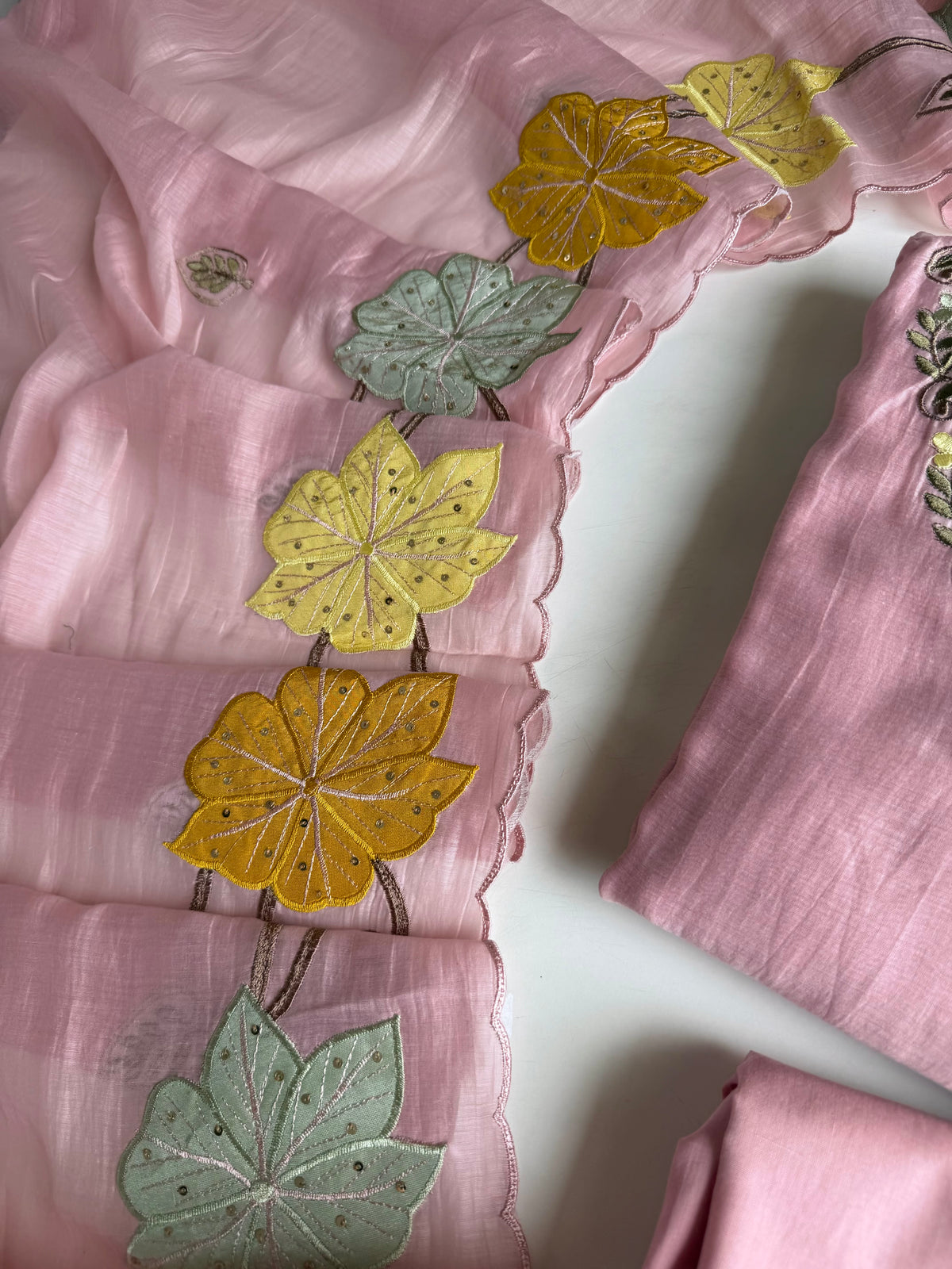 K185 - Mul chanderi appliqué embroidered Aline Kurti with pants and dupatta