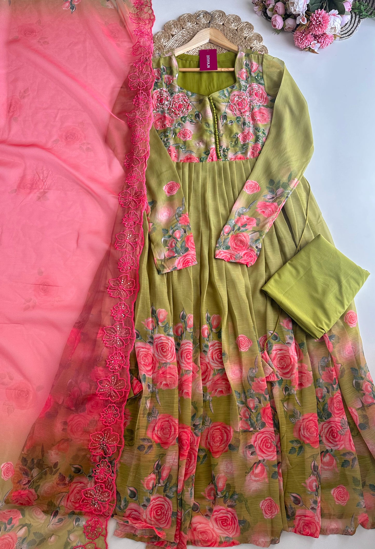 K282 - Viscose organza Floral Anarkali with pants and dupatta