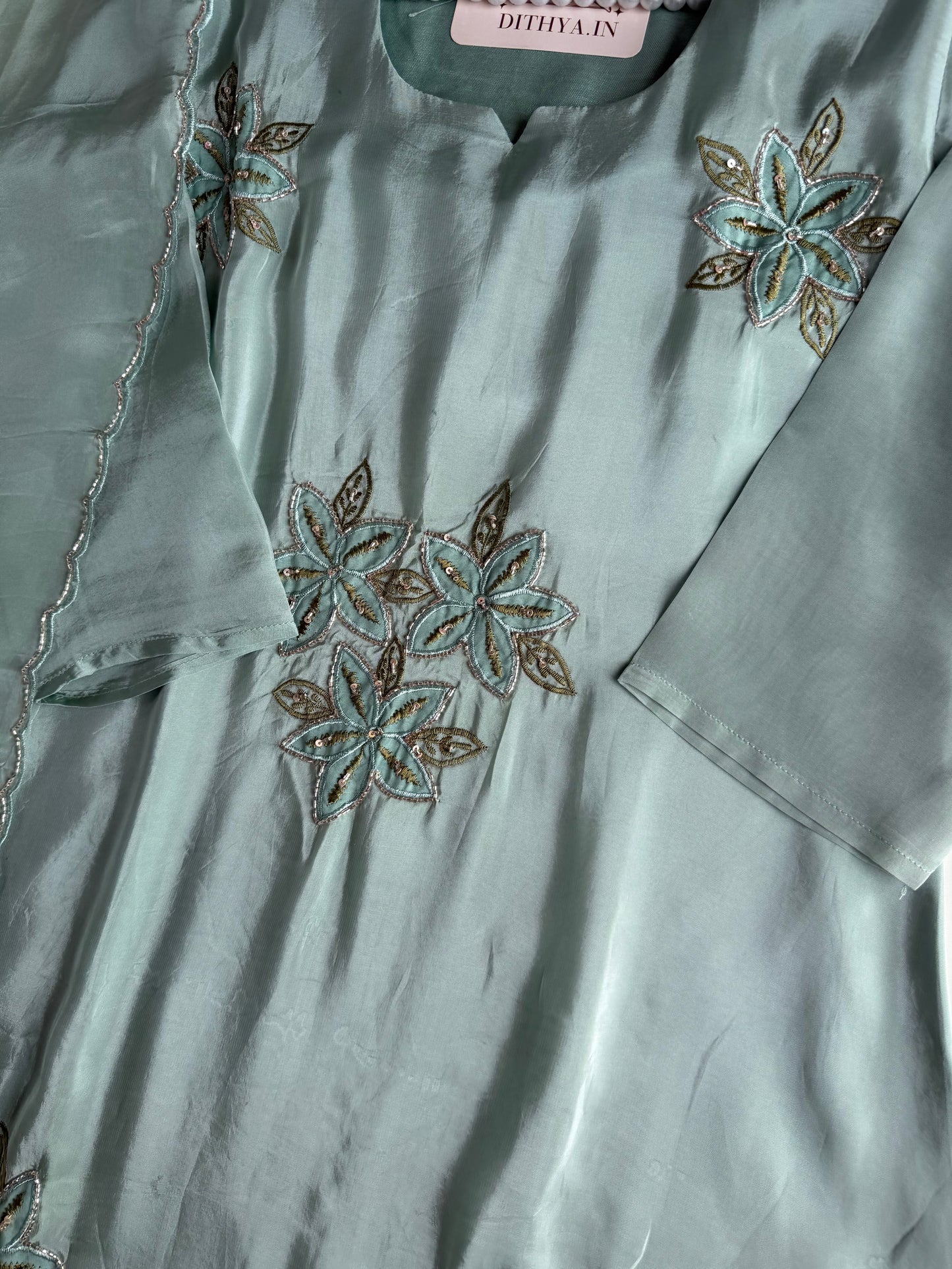 K708 - Pure crape handwork aline Kurti with pants and dupatta