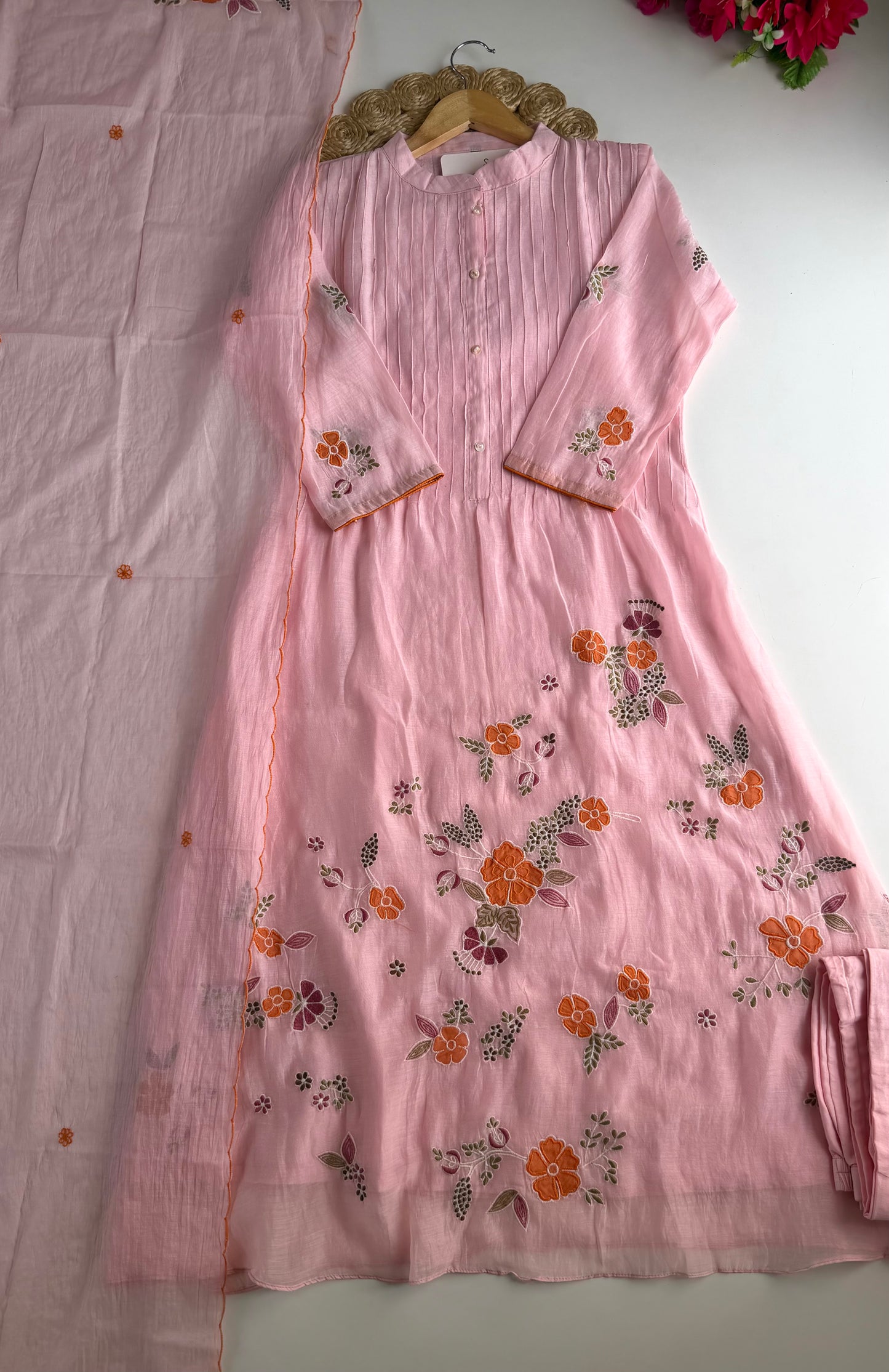 K703 - Mul chanderi embroidered Aline Kurti with pants and dupatta