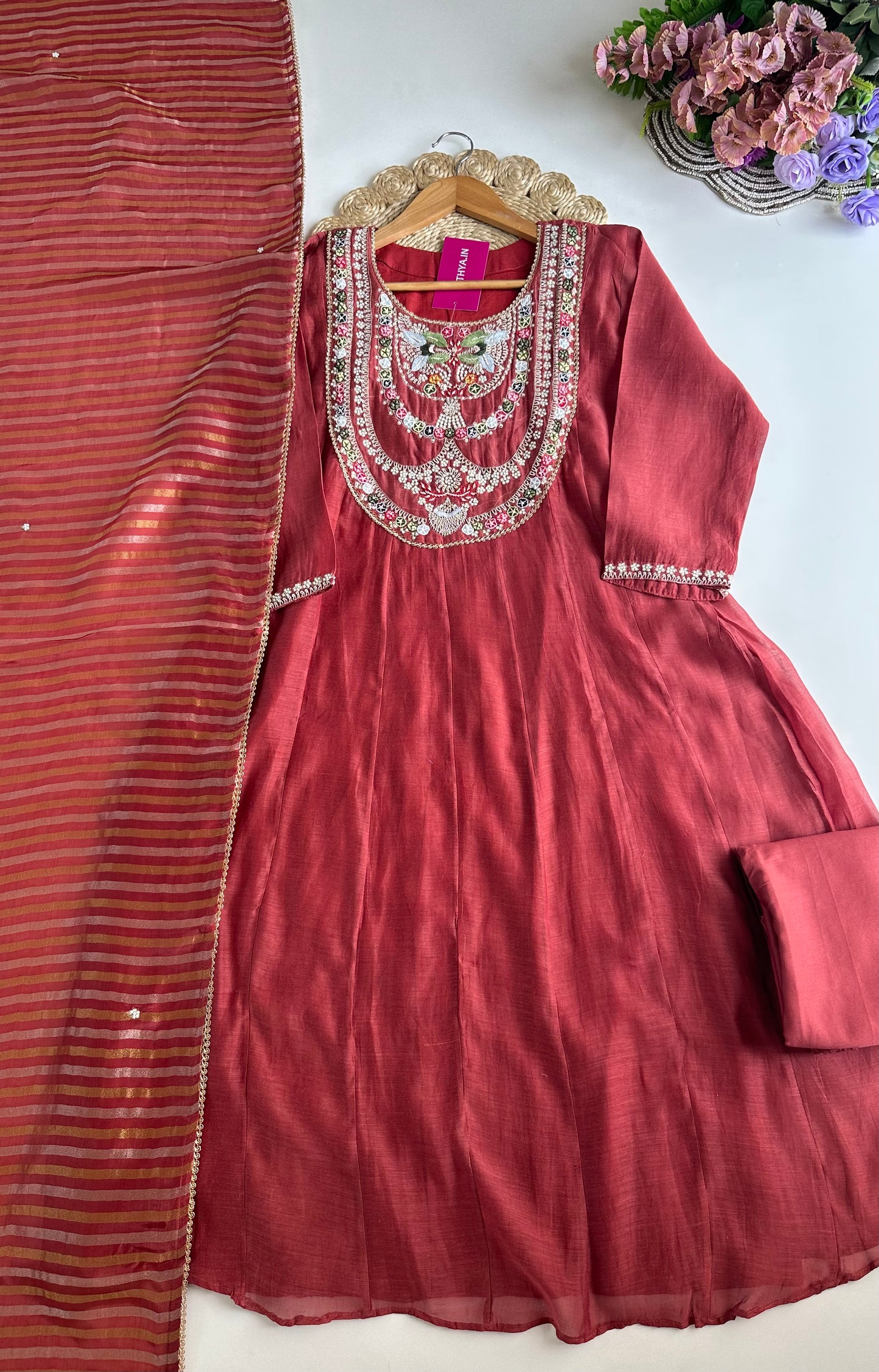 K037 - Mul Chanderi handwork Anarkali with pants and dupatta