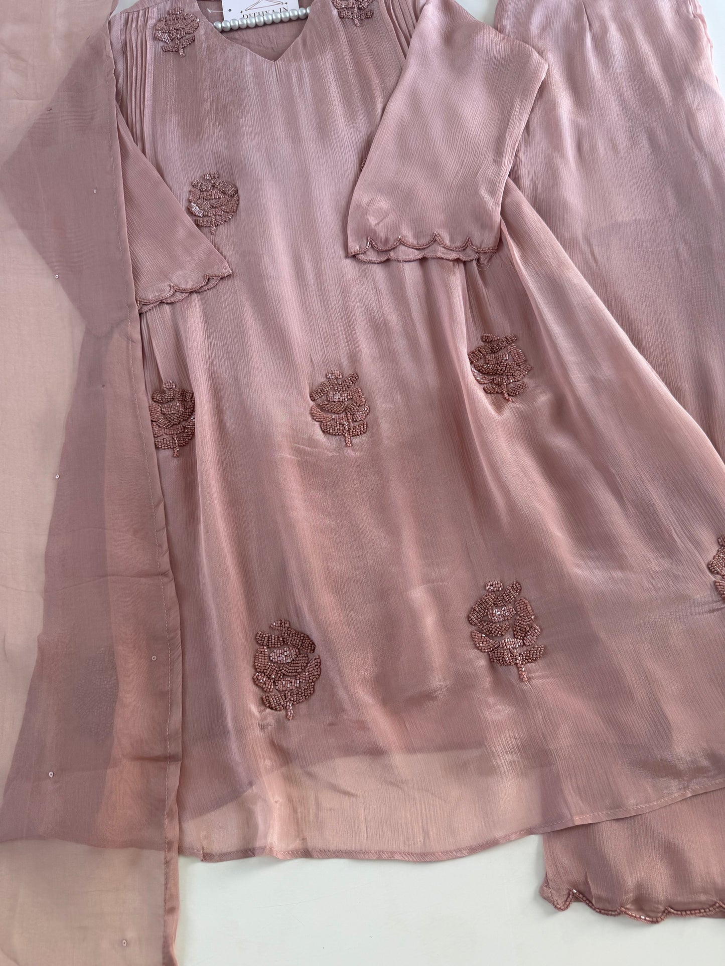 K104 - Pure Chinnon handwork short Kurti with divider pants and dupatta