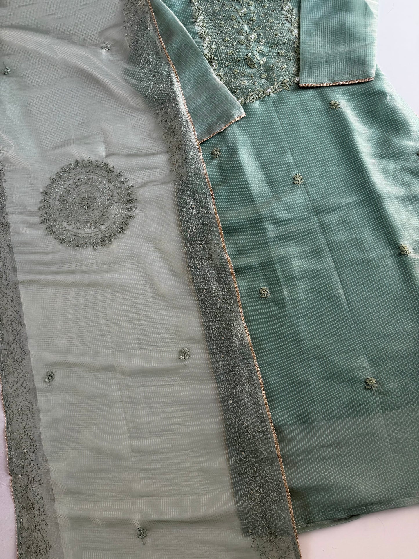 K107 - Chanderi tissue silk embroidered straight Kurti with pants and dupatta in 2 colours
