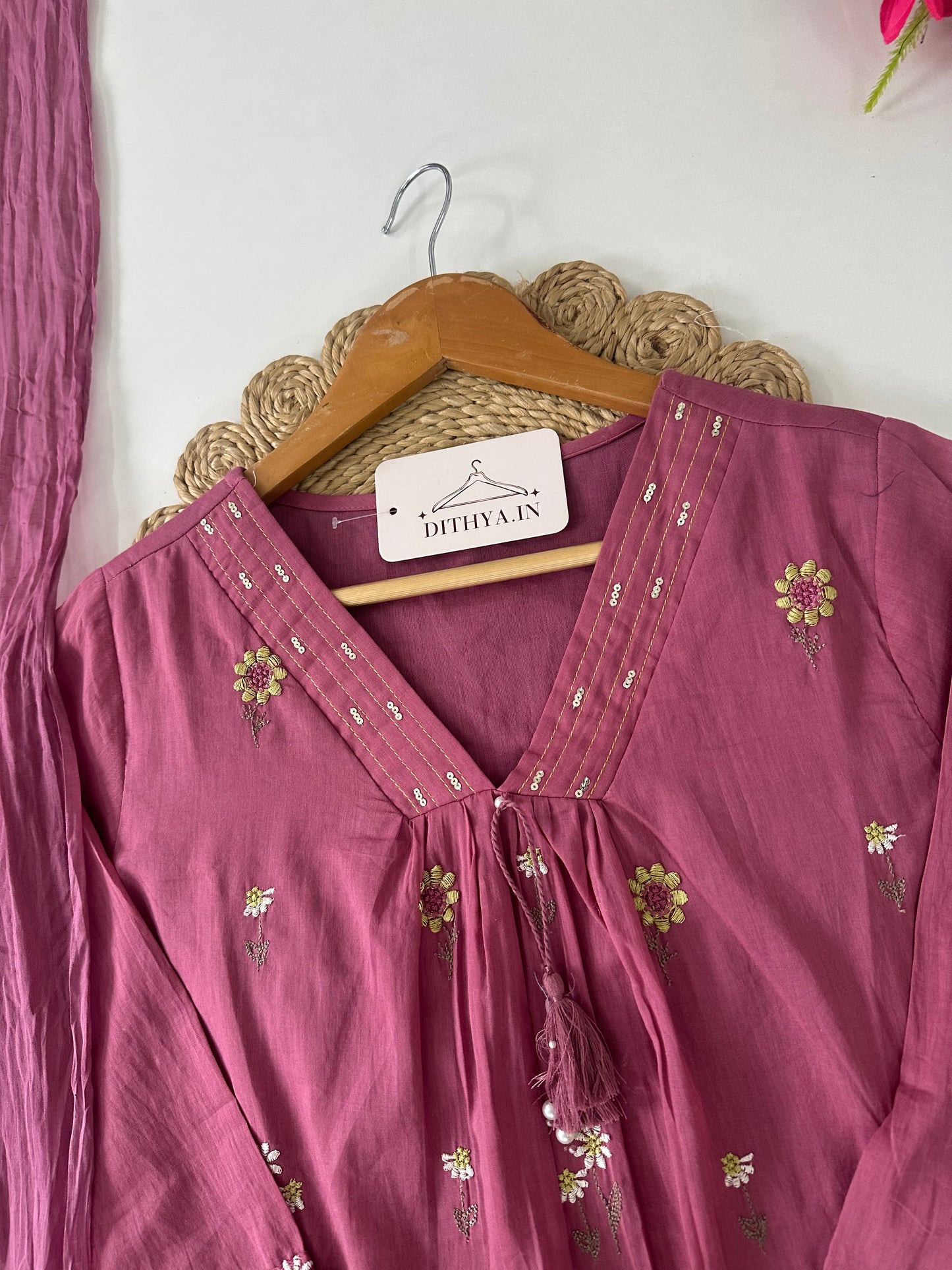 K395 - Mul cotton embroidered Aline Kurti with pants and dupatta in 3 colours