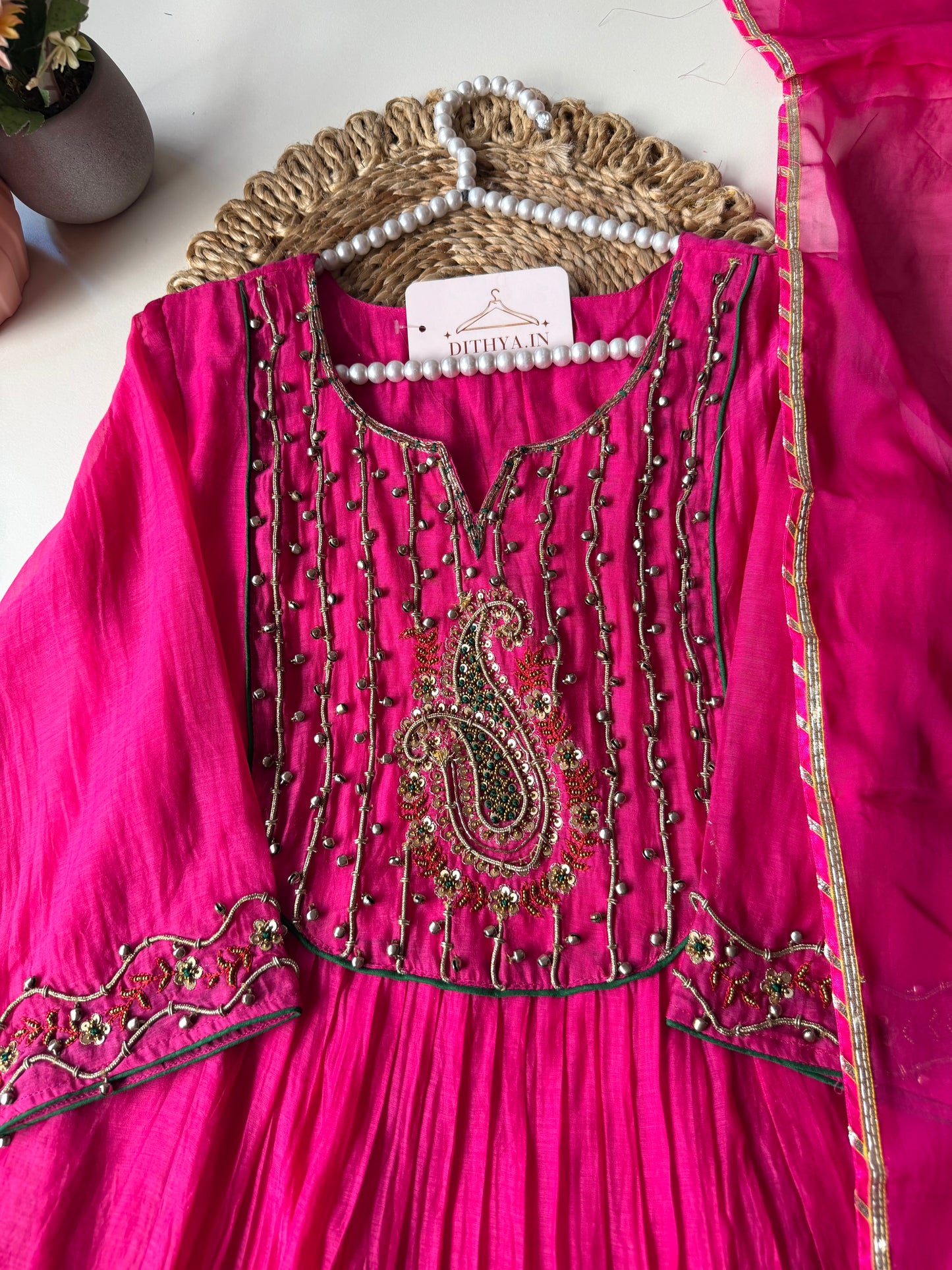 K595 - Mul chanderi ghungroo handwork Anarkali with pants and dupatta