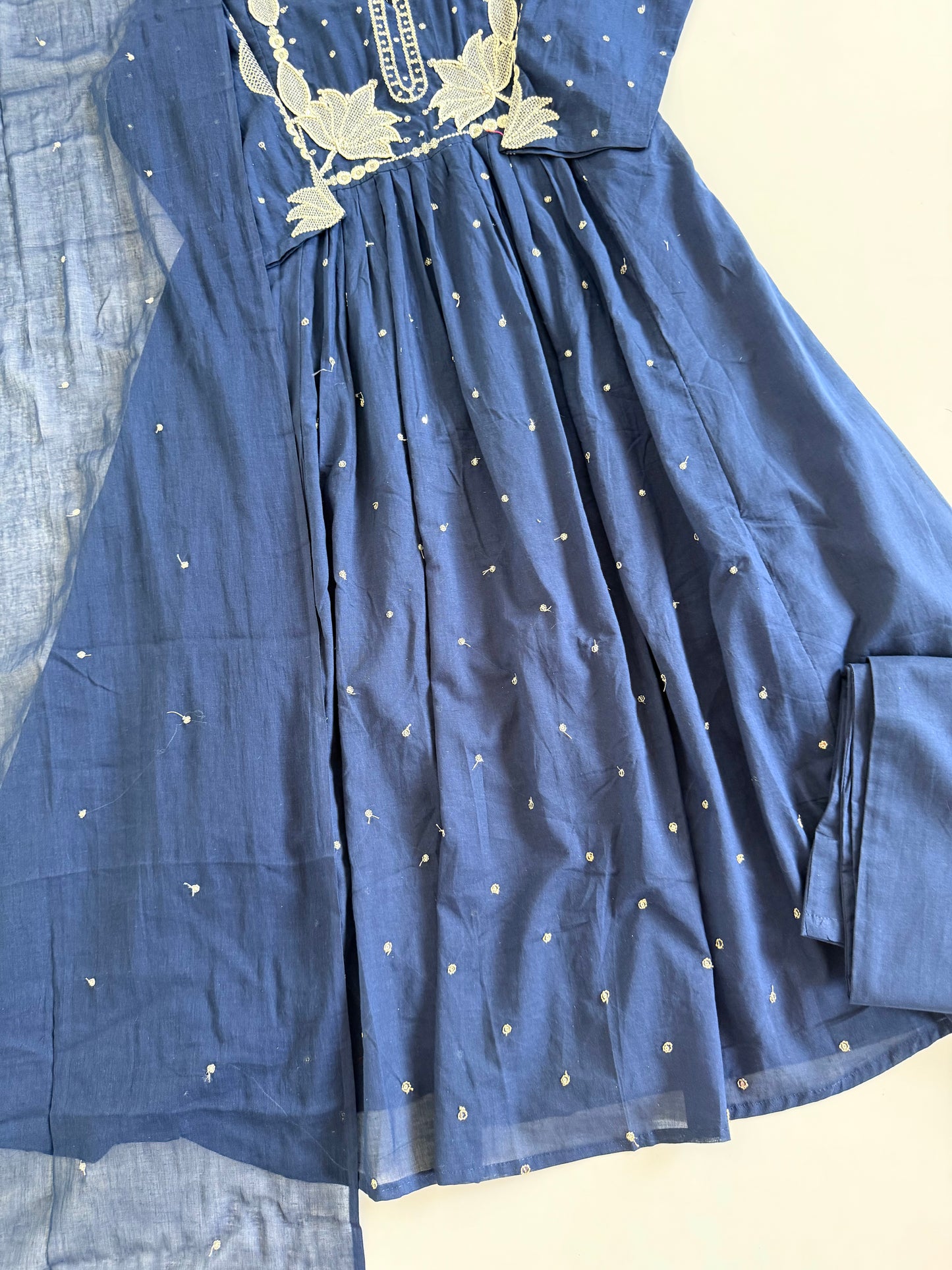 K126 - Mul cotton embroidered Anarkali with pants and dupatta in 2 colours