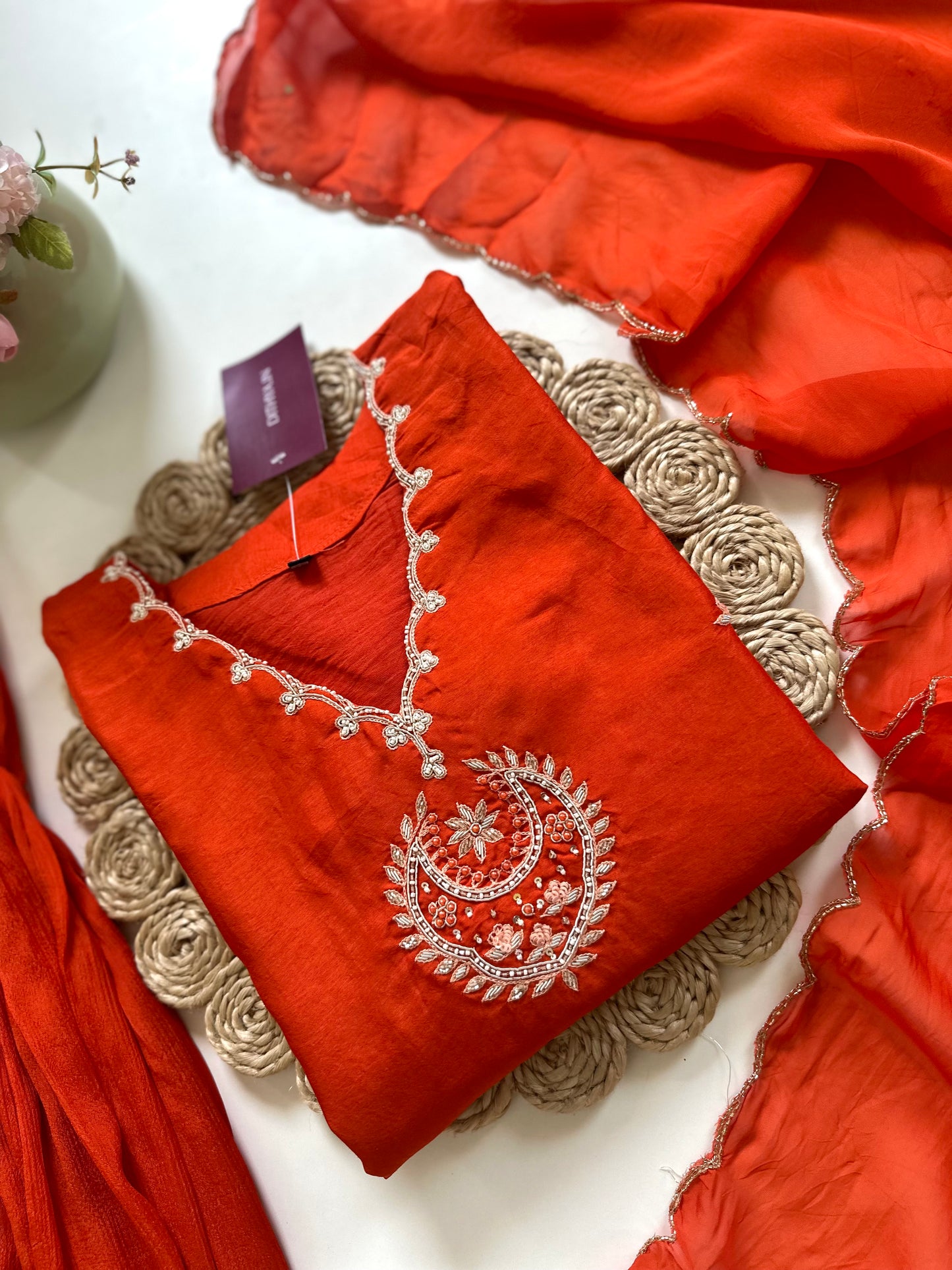 K067 - Russian silk Handwork Short kurti with sharara and dupatta .