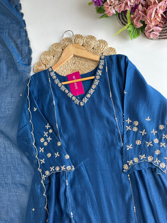 K309 - Mul Chanderi handwork Anarkali with pants and dupatta in 3 colours
