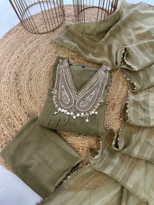 K093 - Mul Chanderi handwork Aline Kurti with pants and dupatta in 2 colours