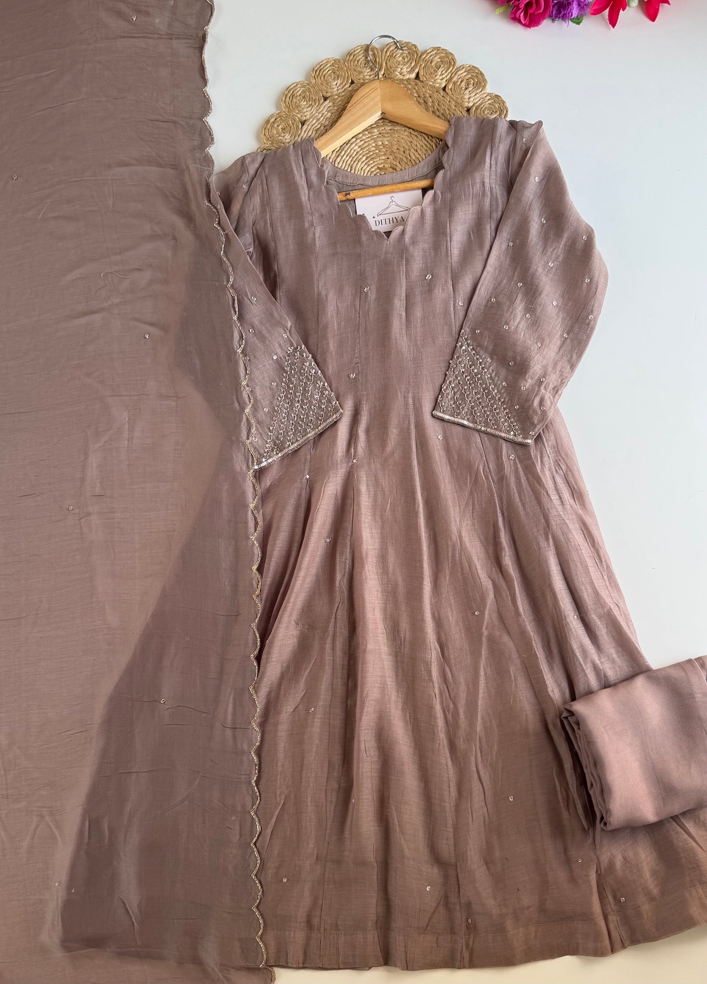 K305 - Mul chanderi handwork Anarkali with pants and dupatta