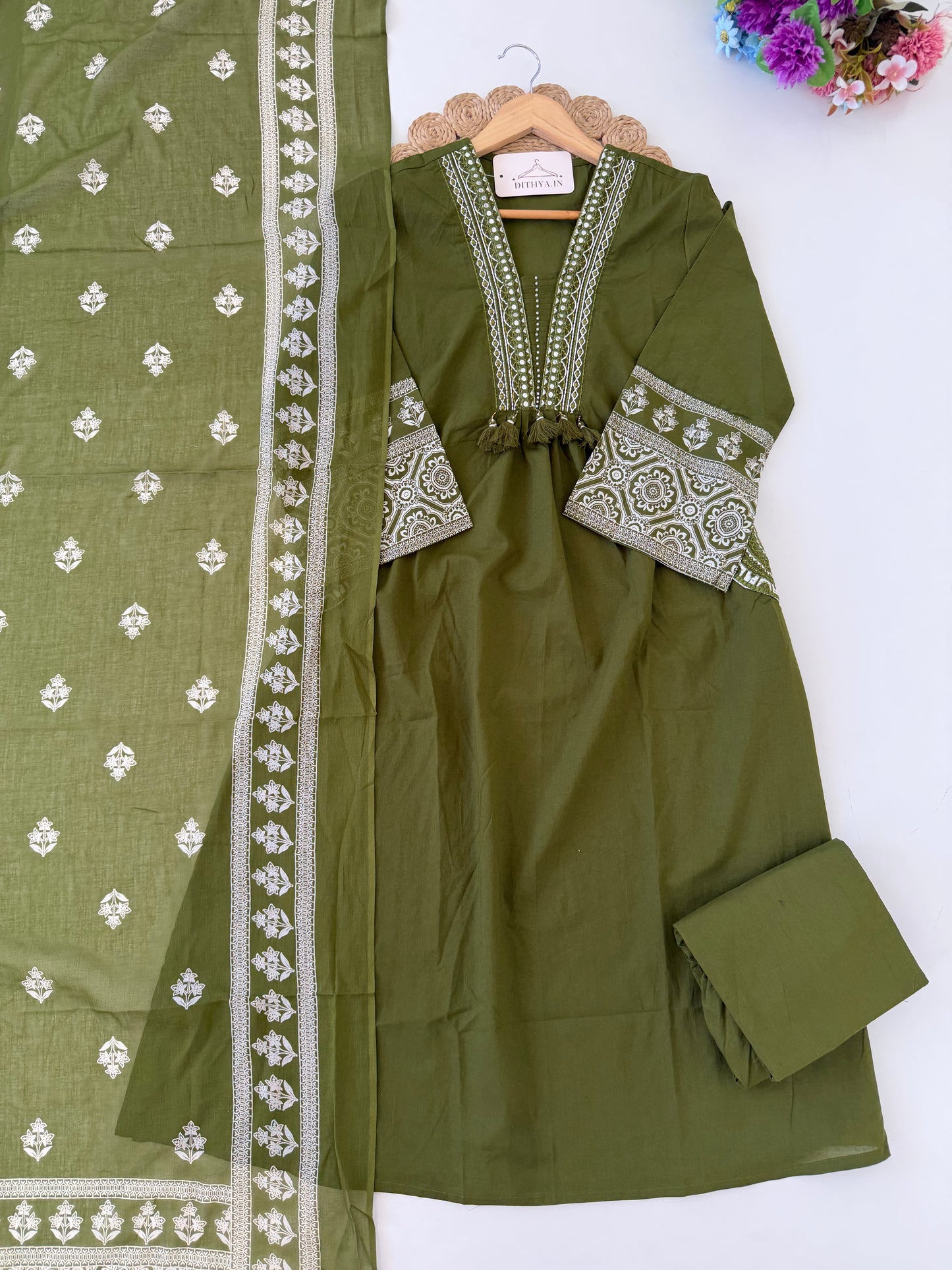 K259 - Mul cotton embroidered Aline Kurti with pants and dupatta