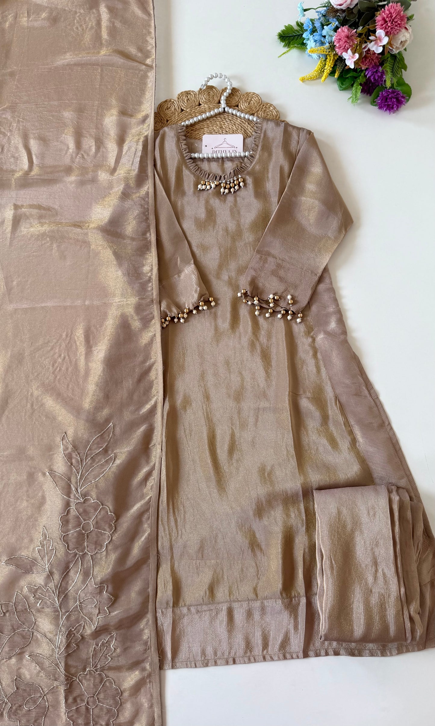 K449 - Kanjivaram silk self zari Aline Kurti with pants and dupatta