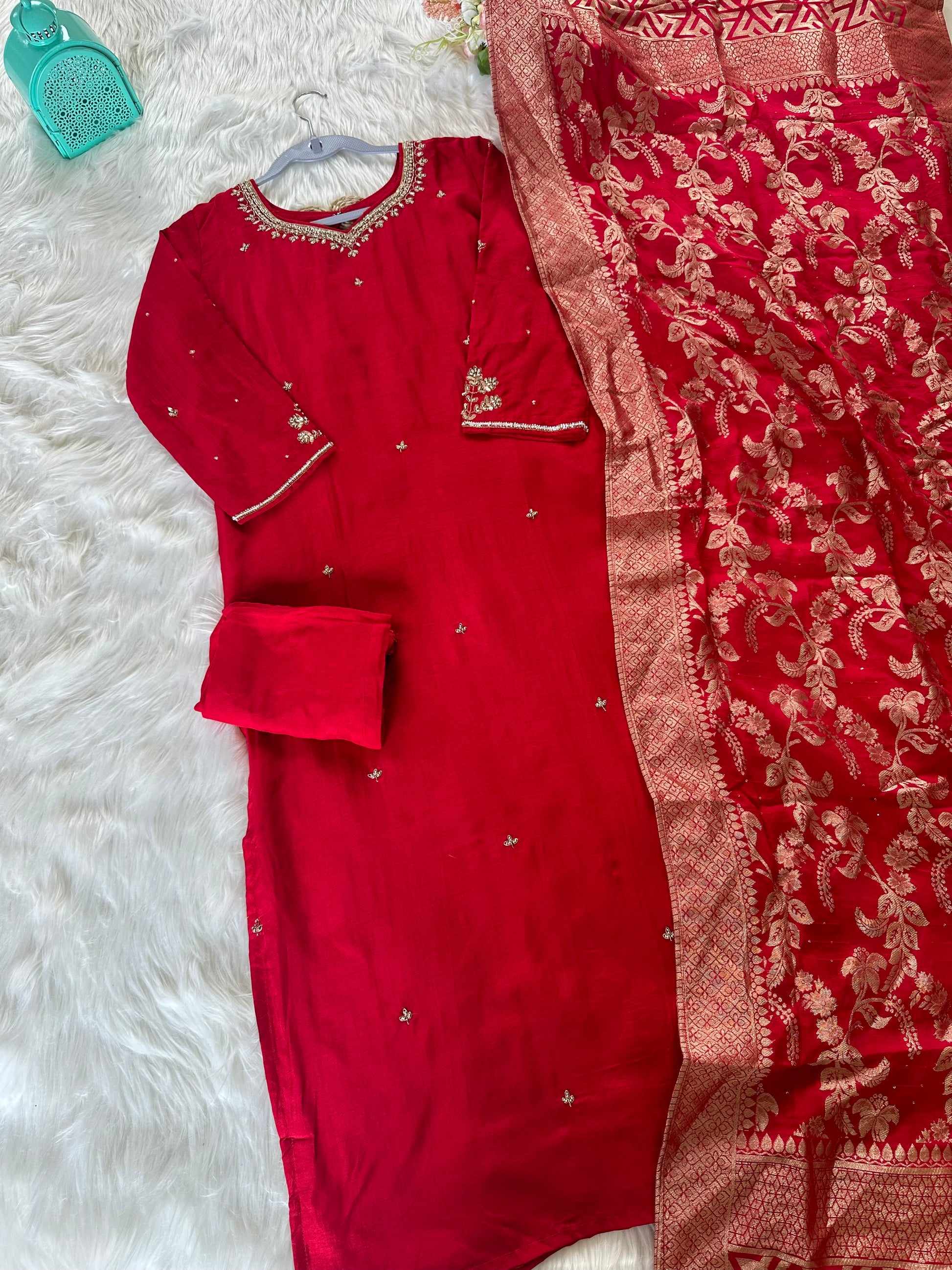 K206 - Russian silk kurti with pants and dupatta - Dithya.in