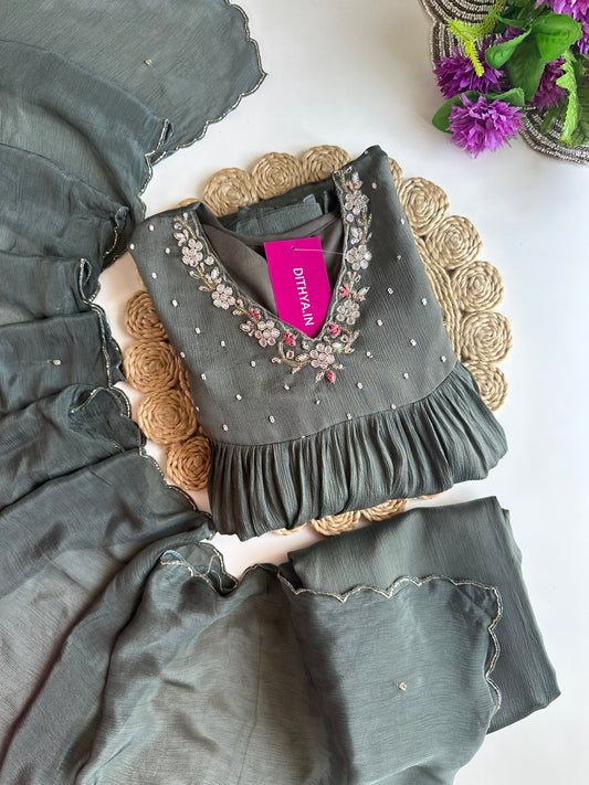 K028 - Pure Chinnon handwork Anarkali with pants and dupatta