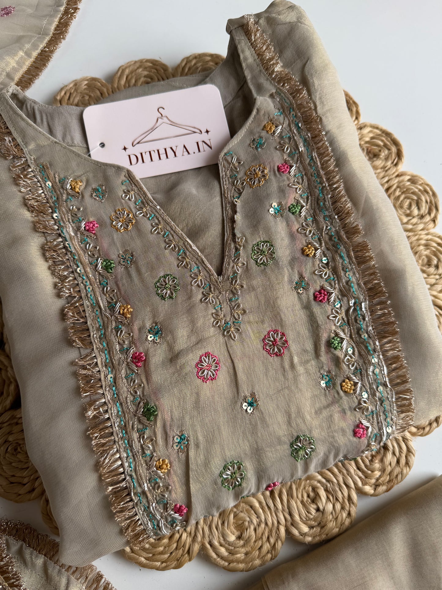 K607 - Tissue silk handwork aline Kurti with pants and dupatta