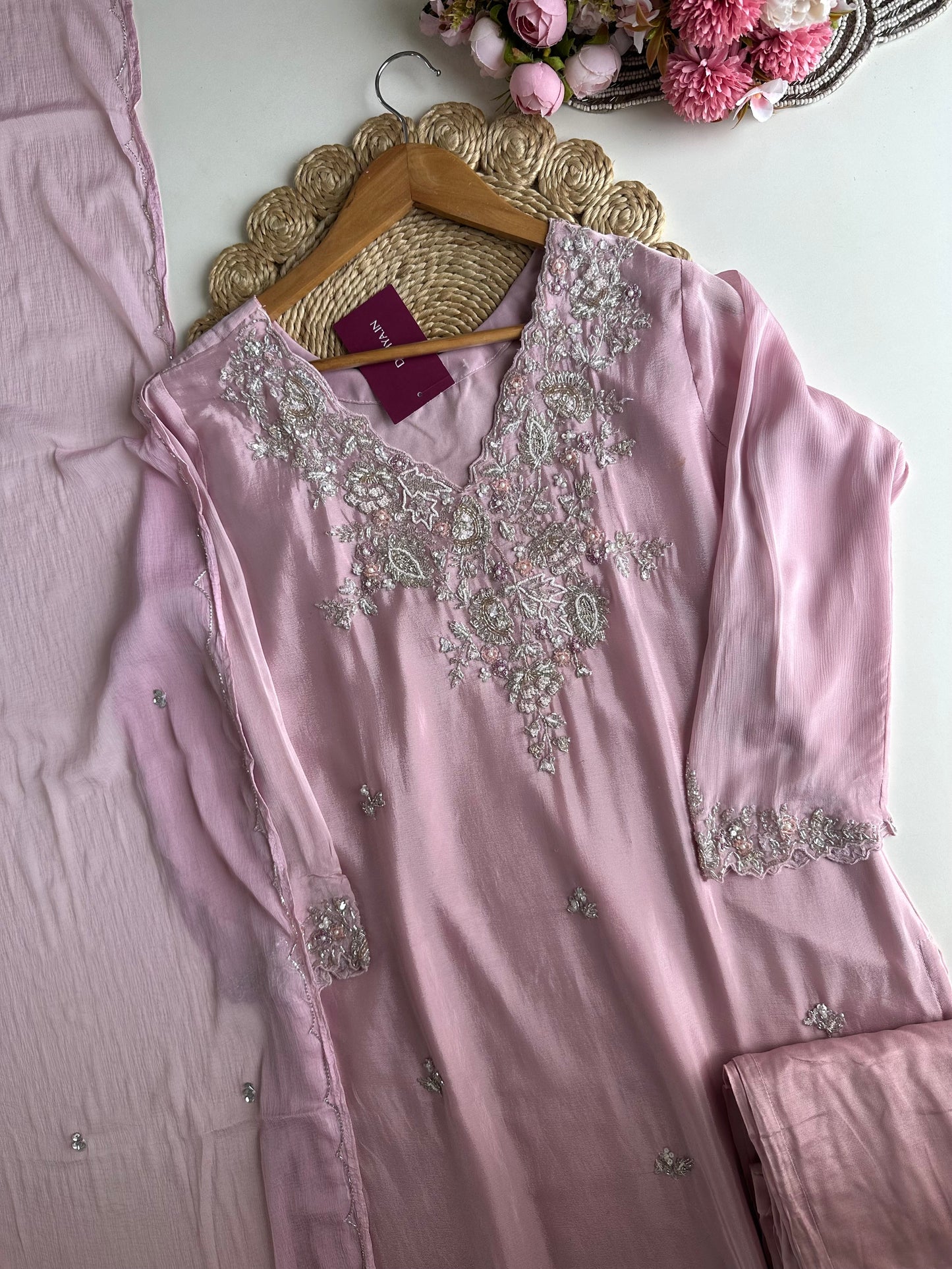 K346 - Chinnon heavy handwork Kurti with palazzo and dupatta