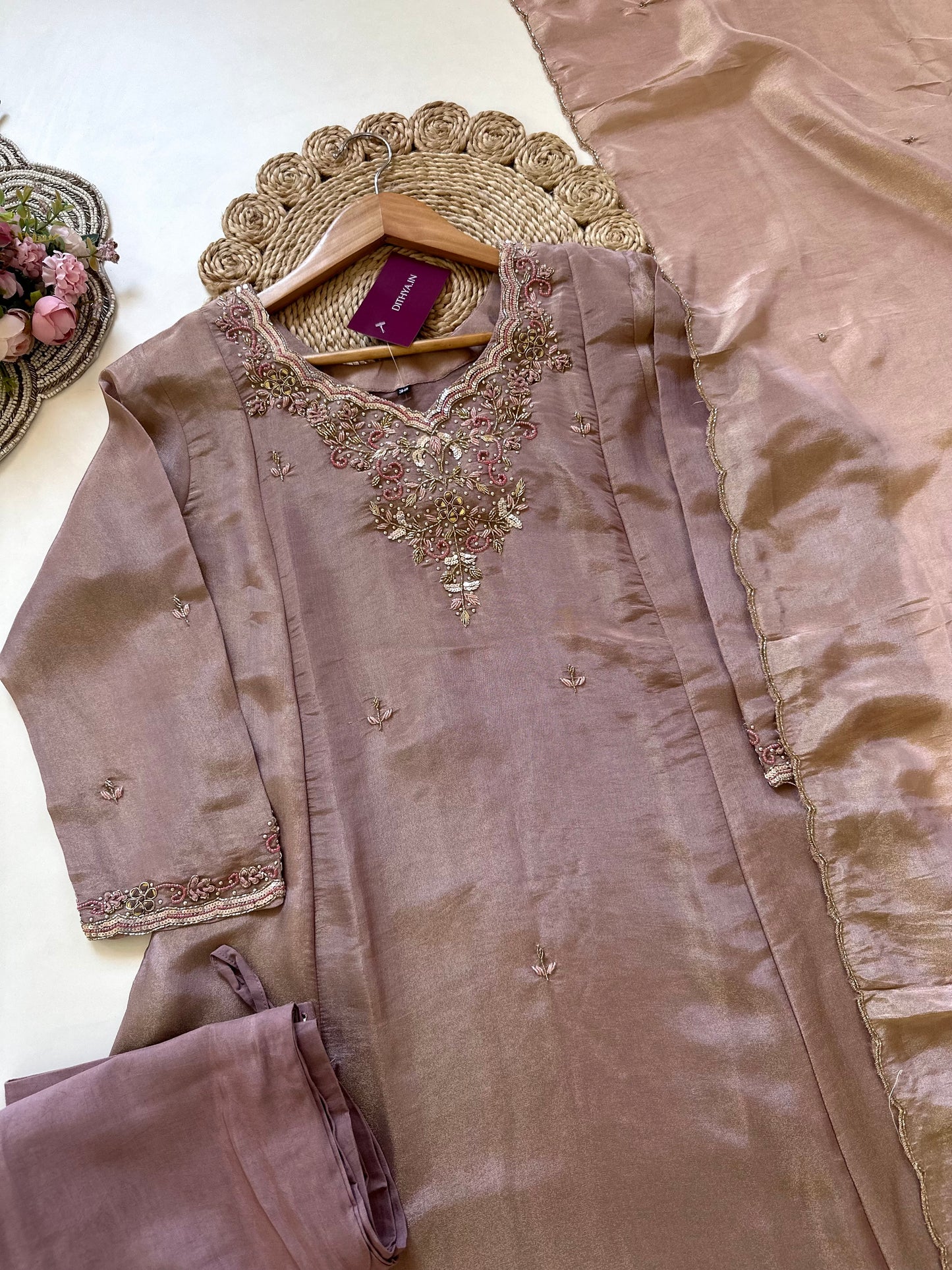 K006 - Tissue silk Handwork Anarkali with pants and dupatta .