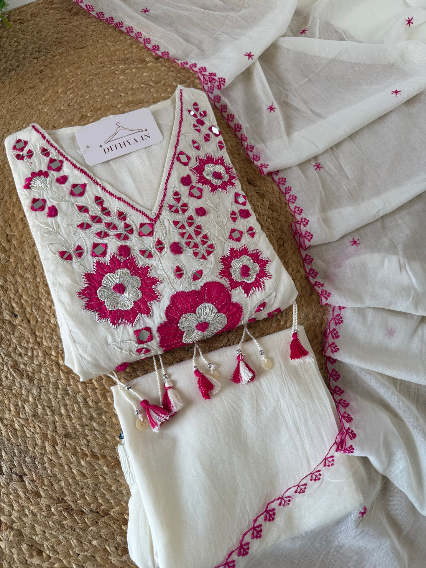 K591 - Mulmul cotton embroidered Anarkali with pants and dupatta