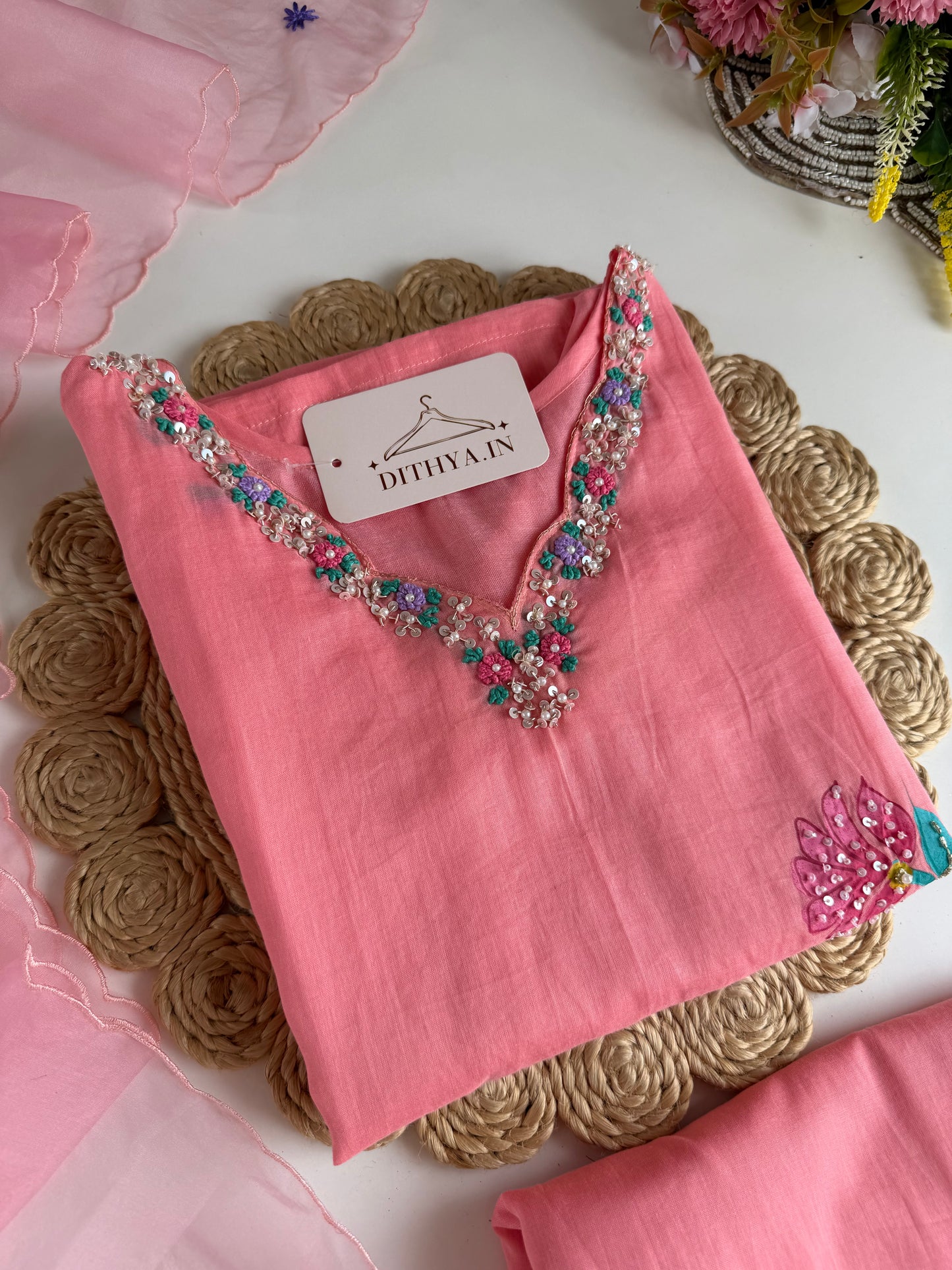 K672 - Mul cotton handwork straight Kurti with pants and dupatta