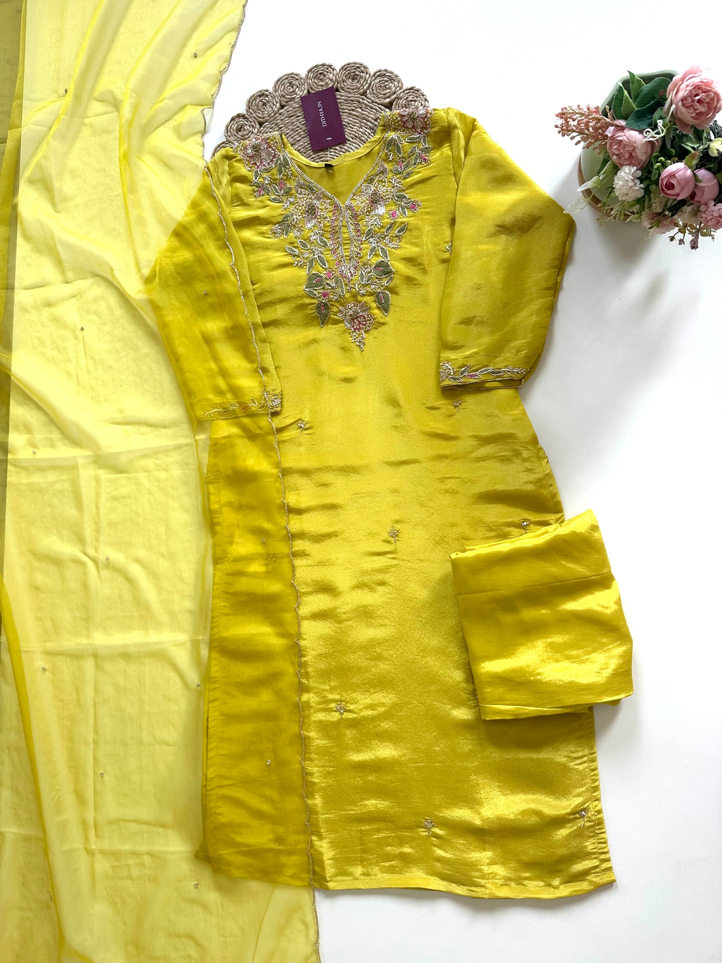 K167 - Tissue silk handwork straight kurti with pants and dupatta.