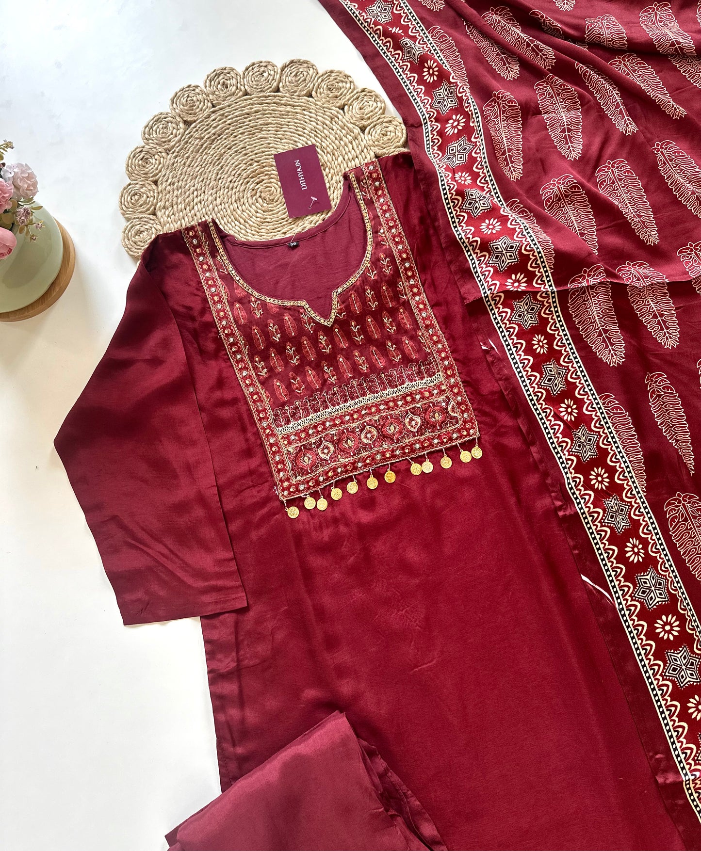 K105 - Russian silk handwork Straight kurti with pants and gaji dupatta .