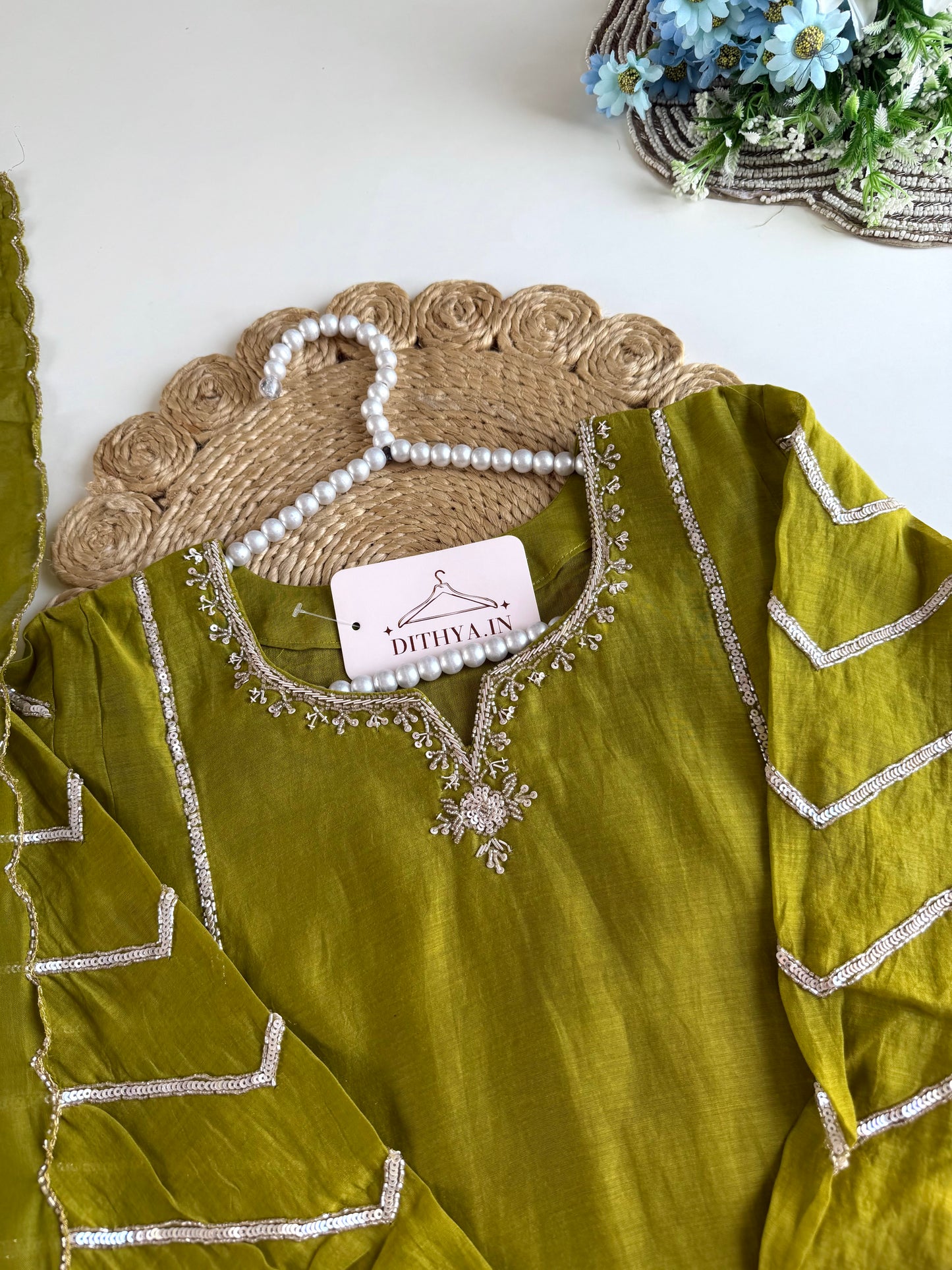 K569 - Mul chanderi handwork aline Kurti with pants and dupatta