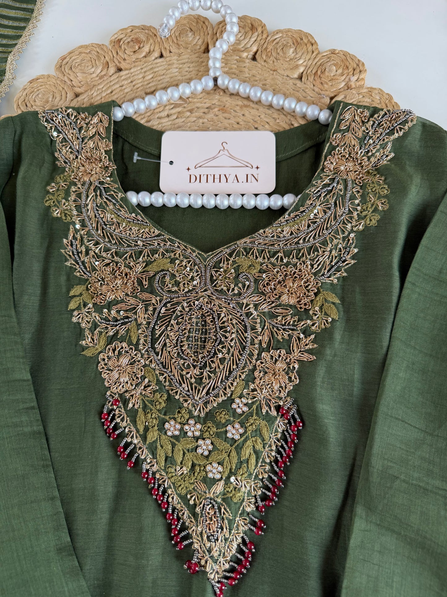 K374 - Mul chanderi handwork aline Kurti with pants and dupatta
