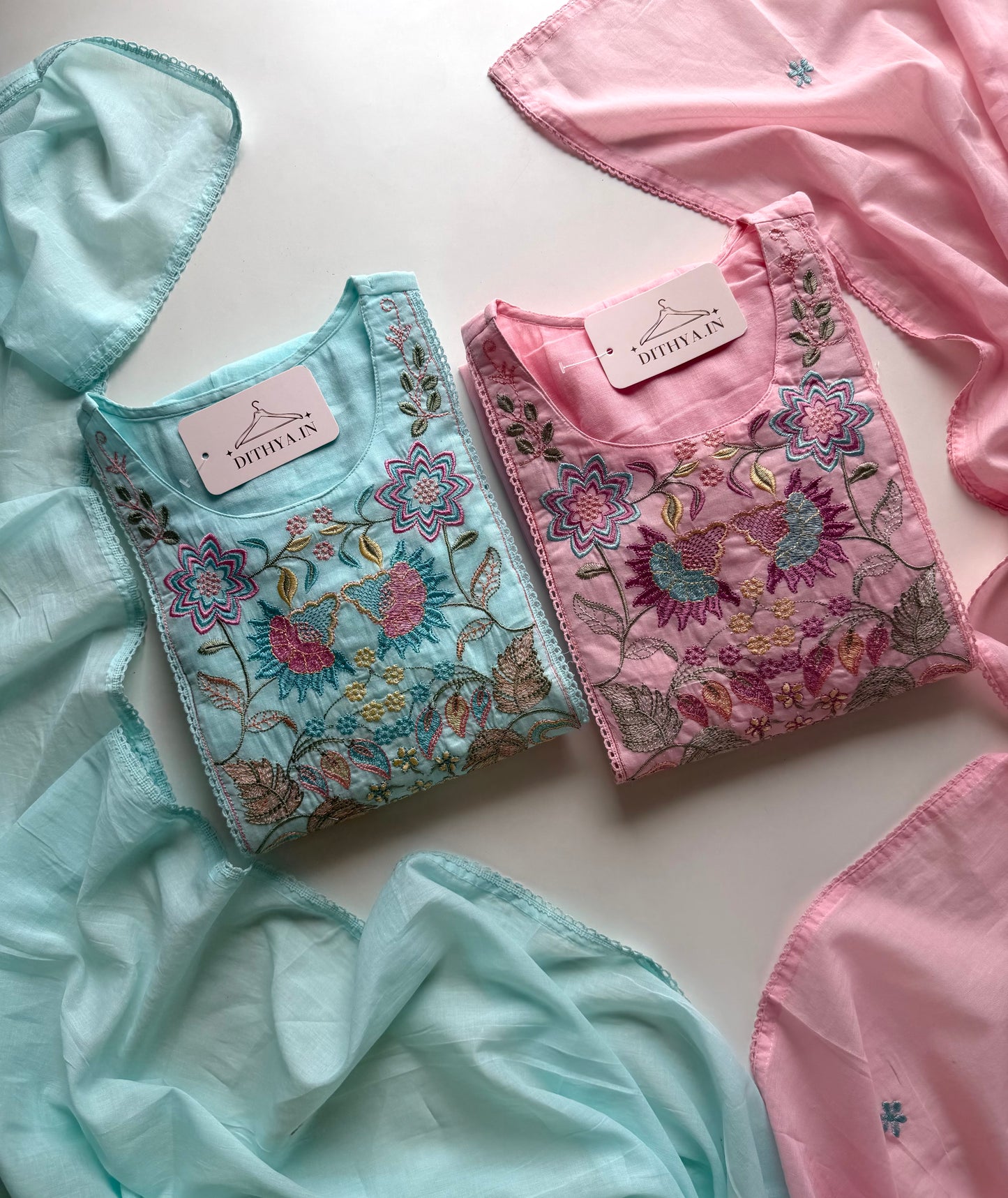 K215 - Mul cotton embroidered Anarkali with pants and dupatta in 2 colours