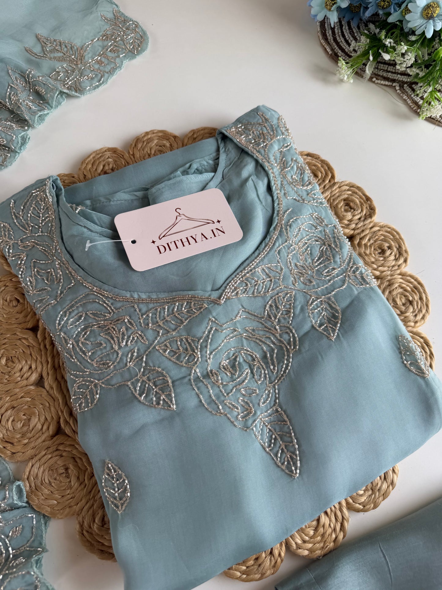 K425 - Soft viscose organza cutdhana work Aline Kurti with pants and dupatta