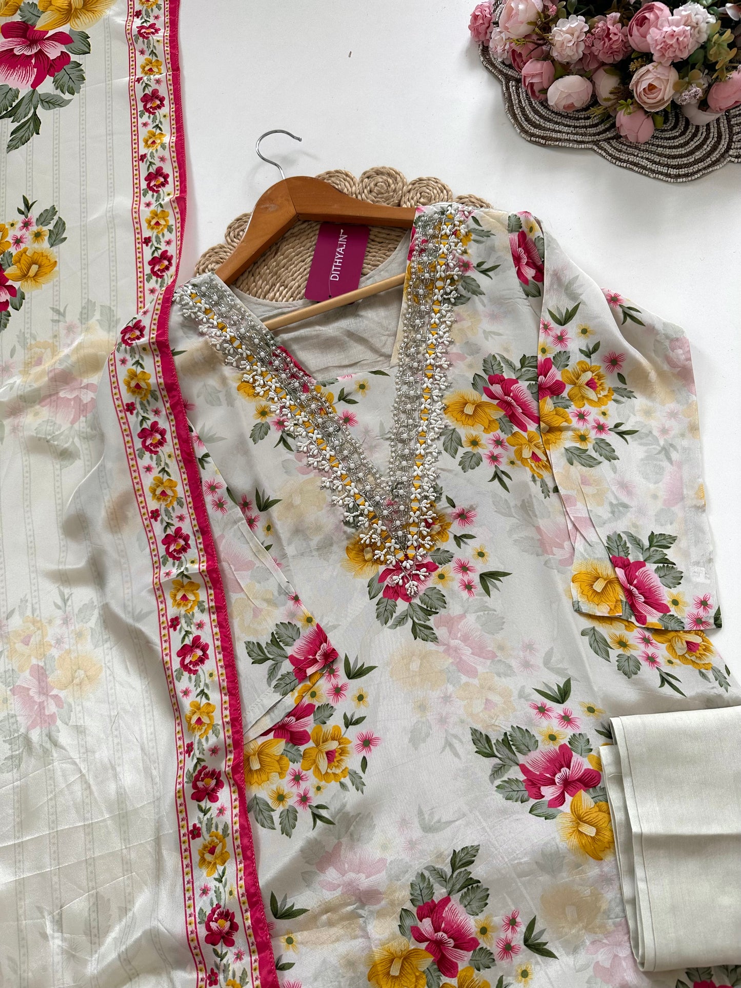K083 - Viscose organza handwork straight Kurti with pants and dupatta