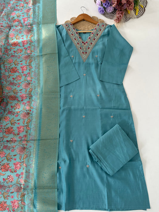 D295 - Roman silk straight kurti with pants and dupatta