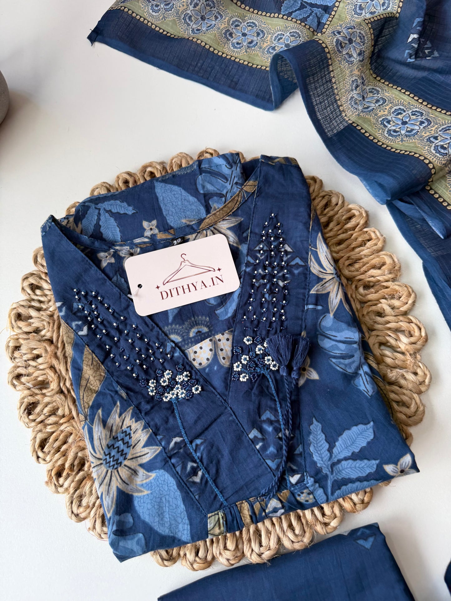 K591 - Cotton floral Aline Kurti with pants and dupatta