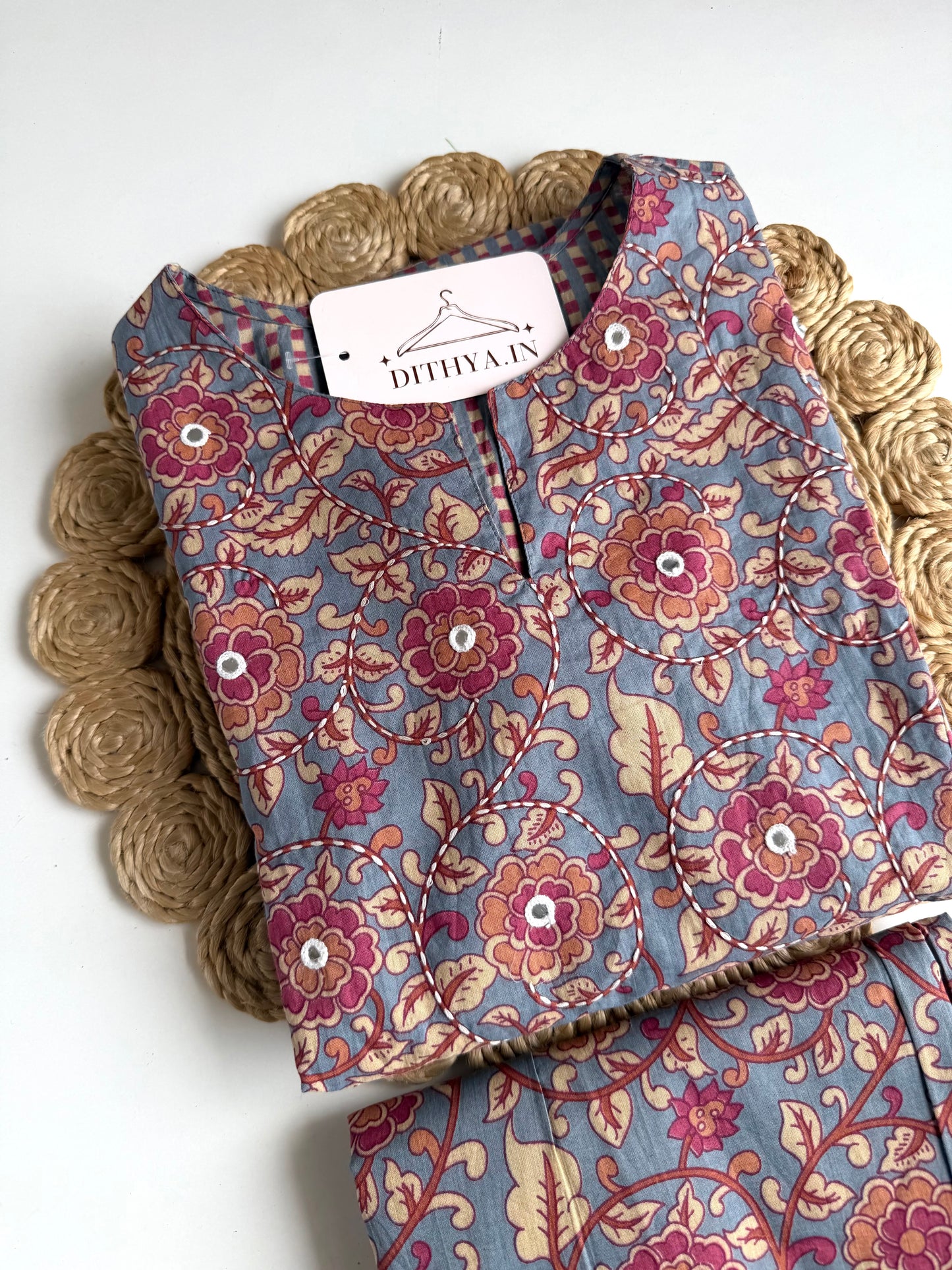 K555 - Mul cotton embroidered Aline Kurti with pants