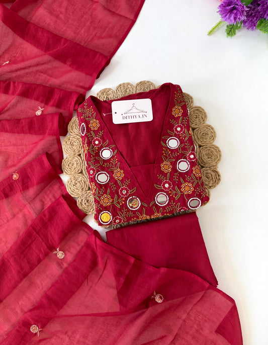 K132 - Mul cotton embroidered Aline Kurti with pants and dupatta