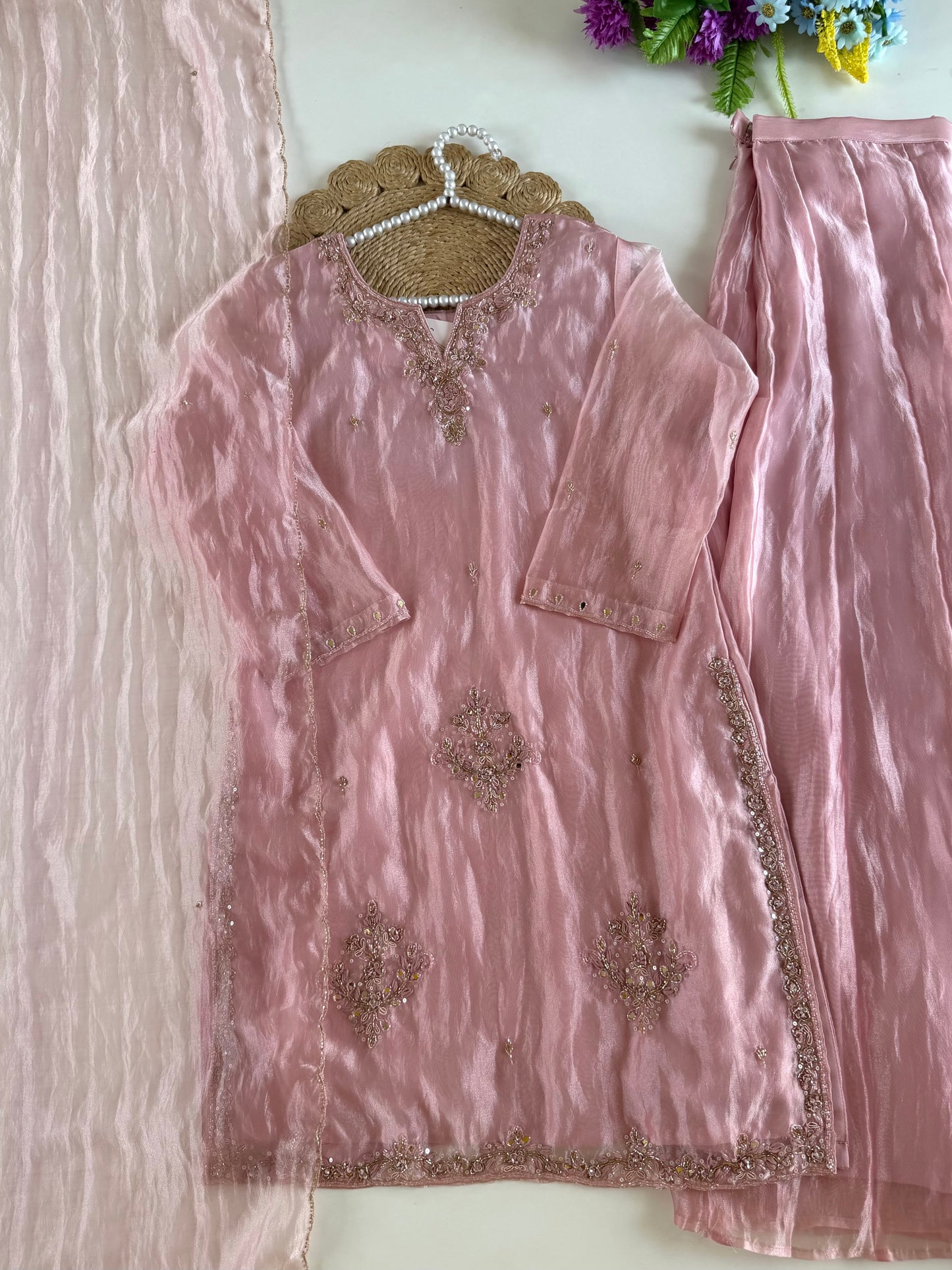 K391 - Glass tissue silk handwork short Kurti with divider pants and dupatta