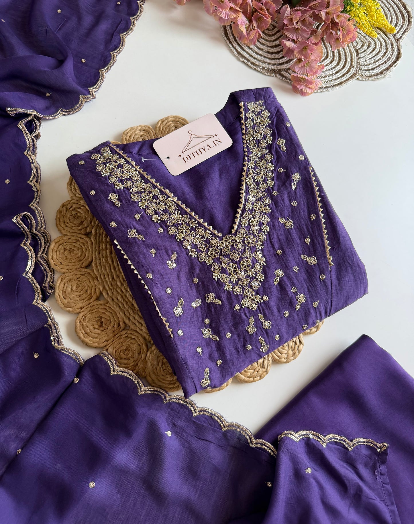 K283 - Mul chanderi embroidered Anarkali with pants and dupatta