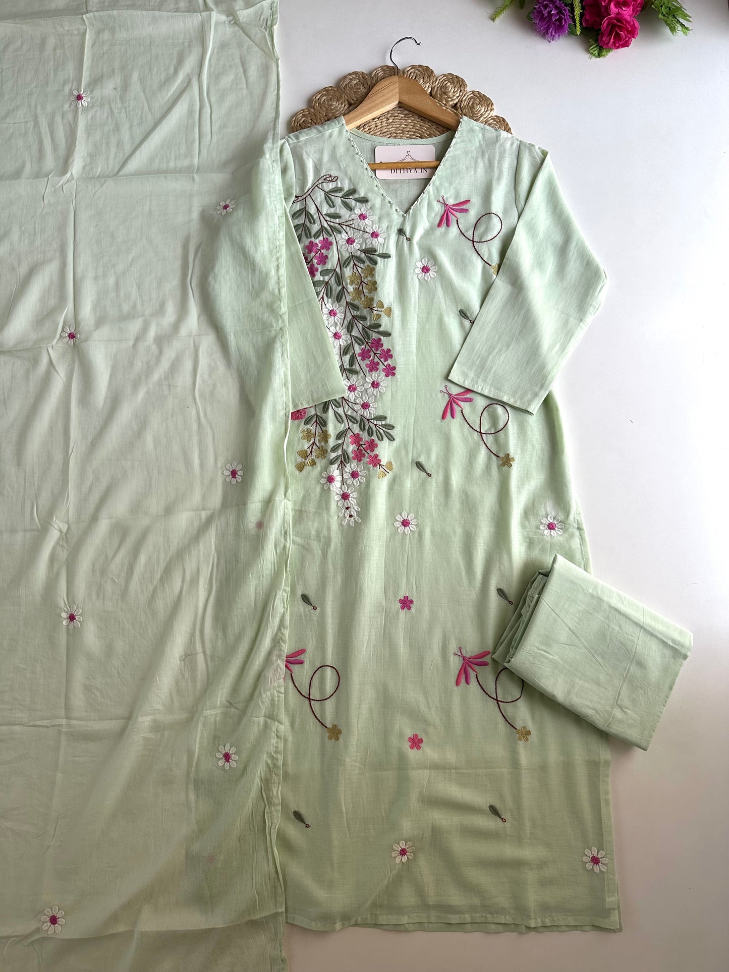 K183 - Mul cotton embroidered straight Kurti with pants and dupatta