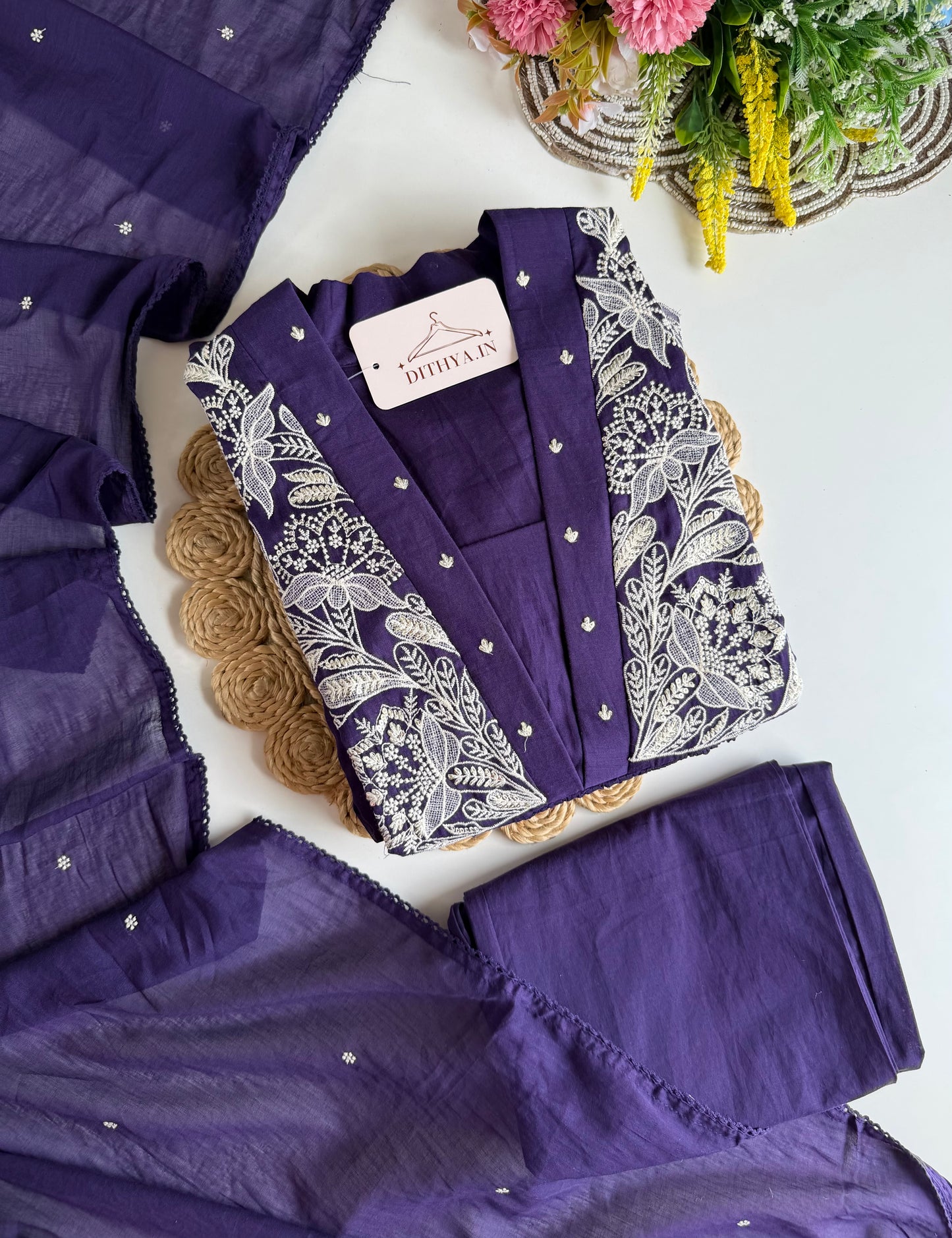 K650 - Mul cotton embroidered Anarkali with pants and dupatta