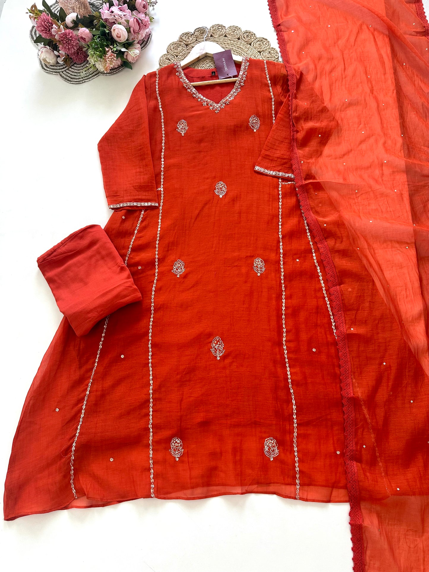 K022 - Mul Chanderi Zardosi work Aline Kurti with pants and dupatta .