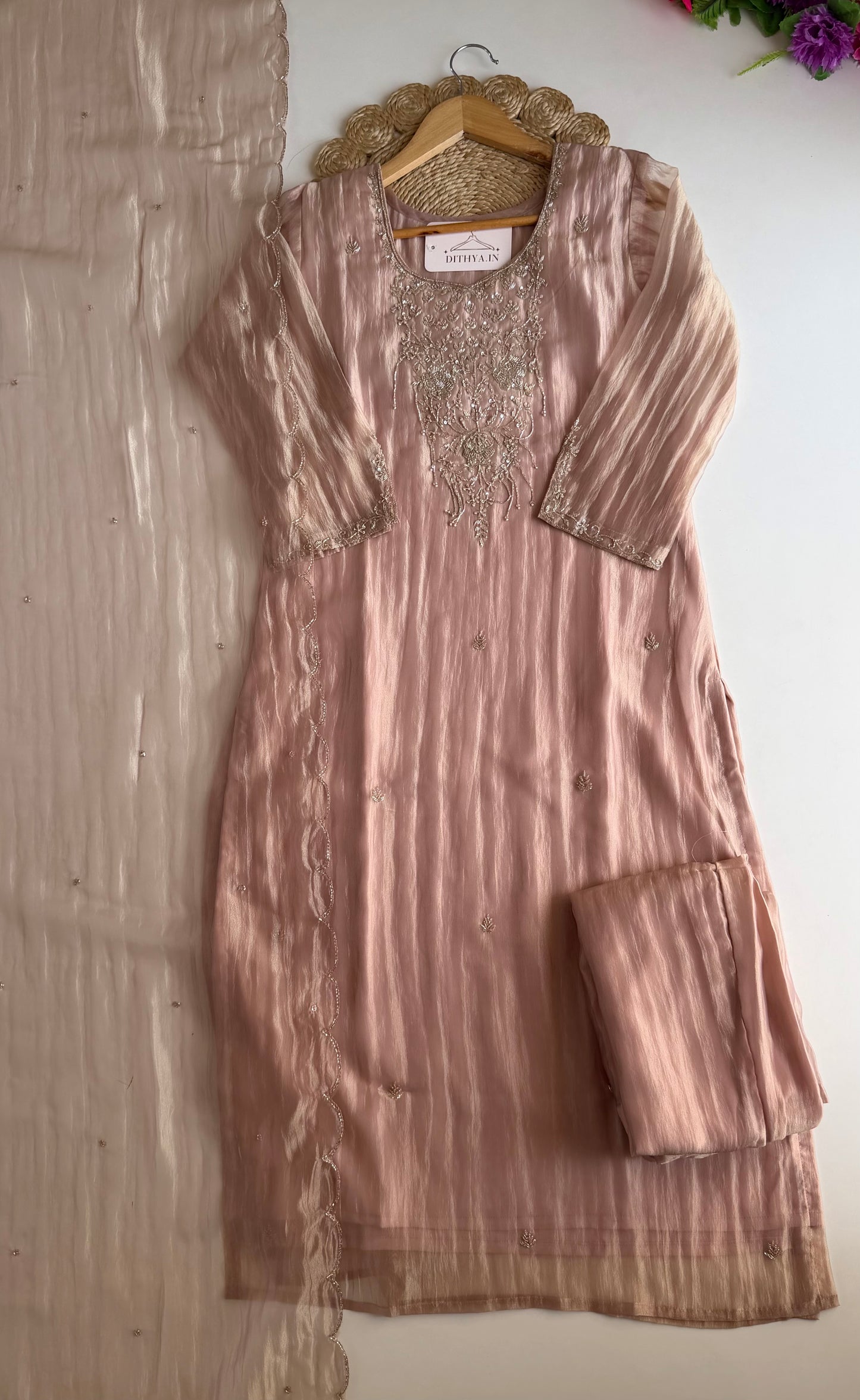 K425 - Glass tissue silk handwork straight Kurti with pants and dupatta