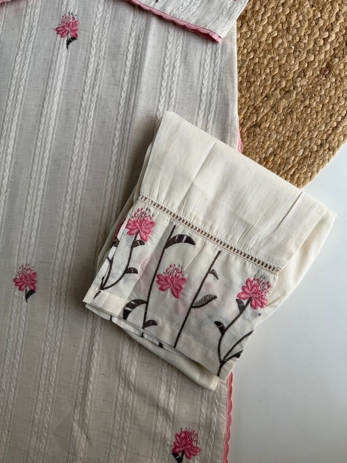 K119 - Linen cotton embroidered straight Kurti with pants and dupatta