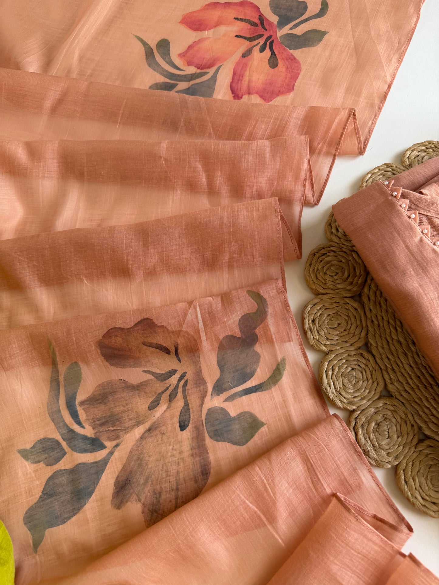 K639 - Mul chanderi embroidered Aline Kurti with pants and dupatta