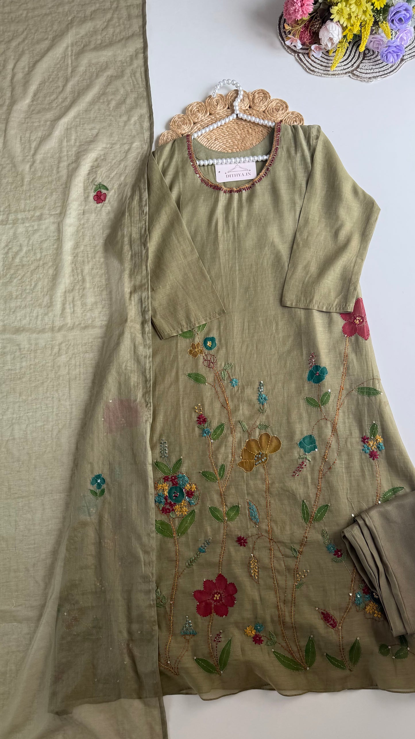 K496 - Mul chanderi appliqué work aline Kurti with pants and dupatta