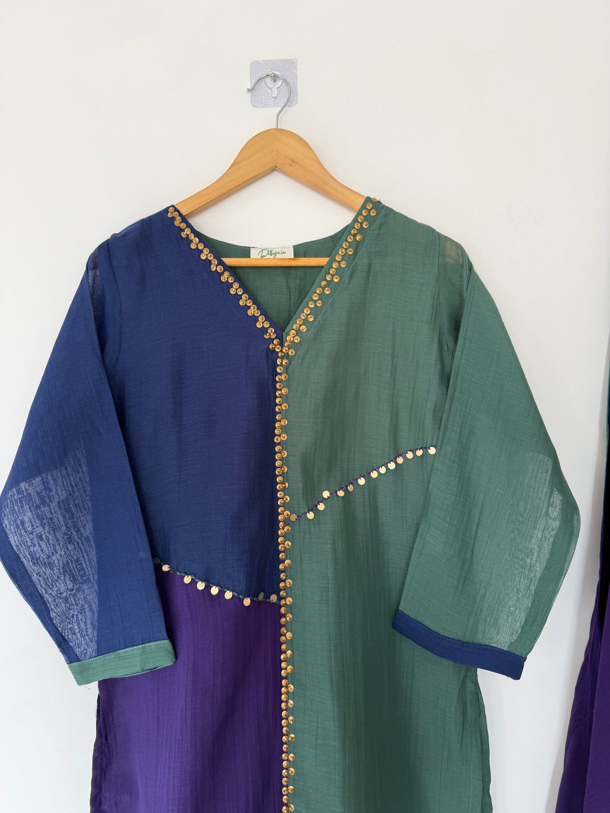 K377 - Mul chanderi button sequins work straight Kurti with pants and dupatta